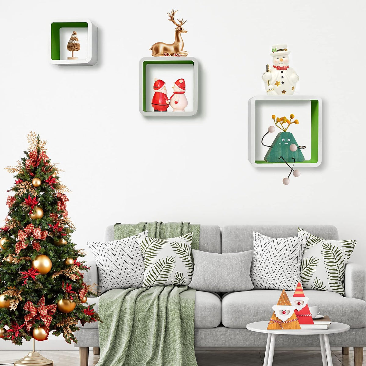 White and grass green cube floating shelves displayed on a wall
