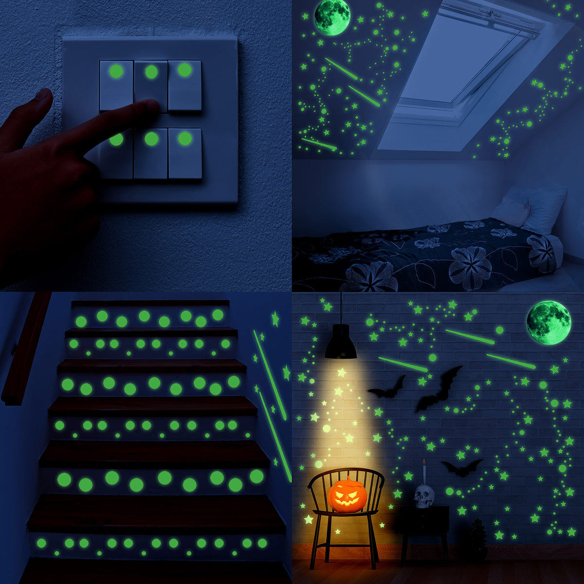 Glow in the dark star stickers shown in room scenes
