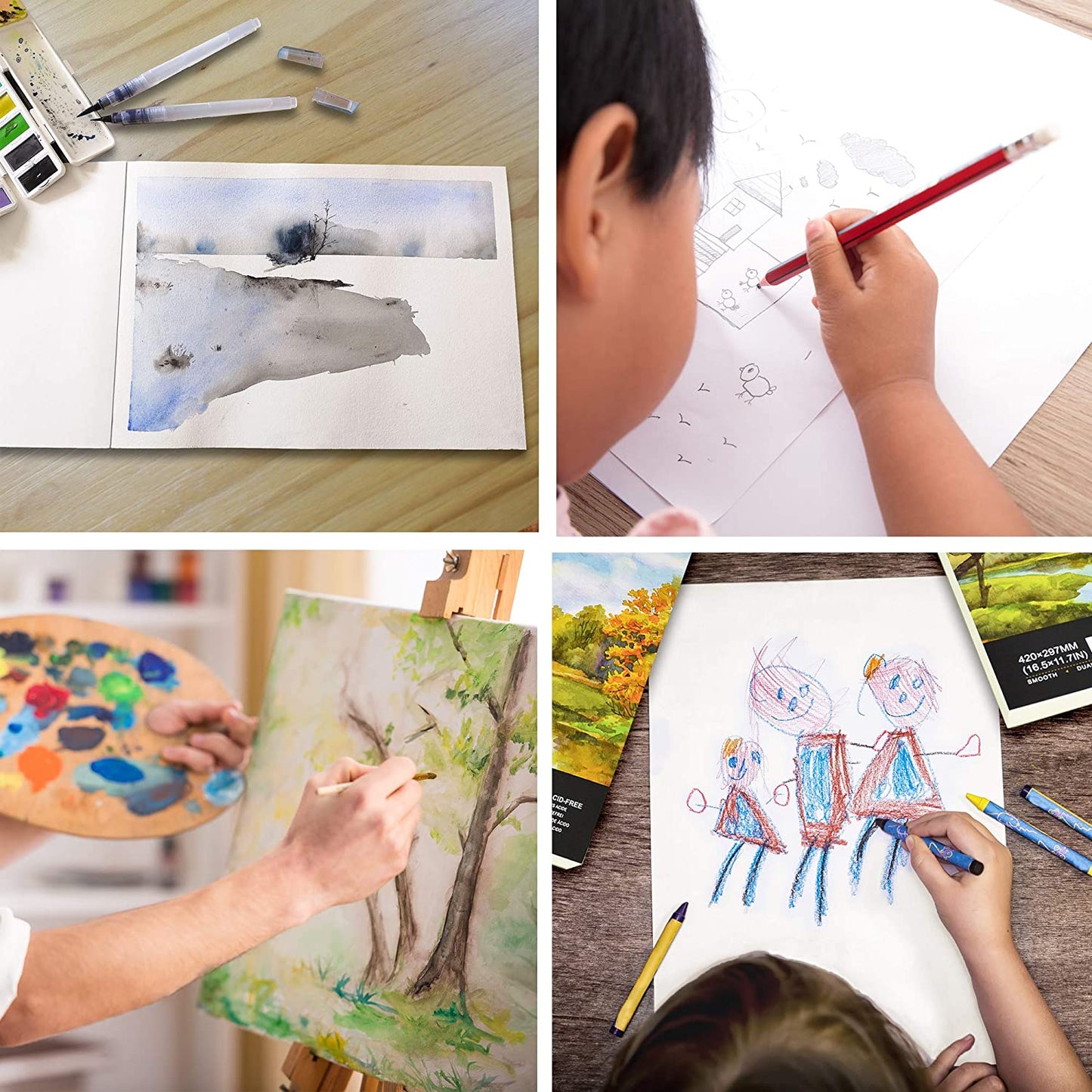 Different pictures being drawn on the A3 Pencilmarch student watercolour paper pad with 300 gsm paper and 30 pages - Stationery Island