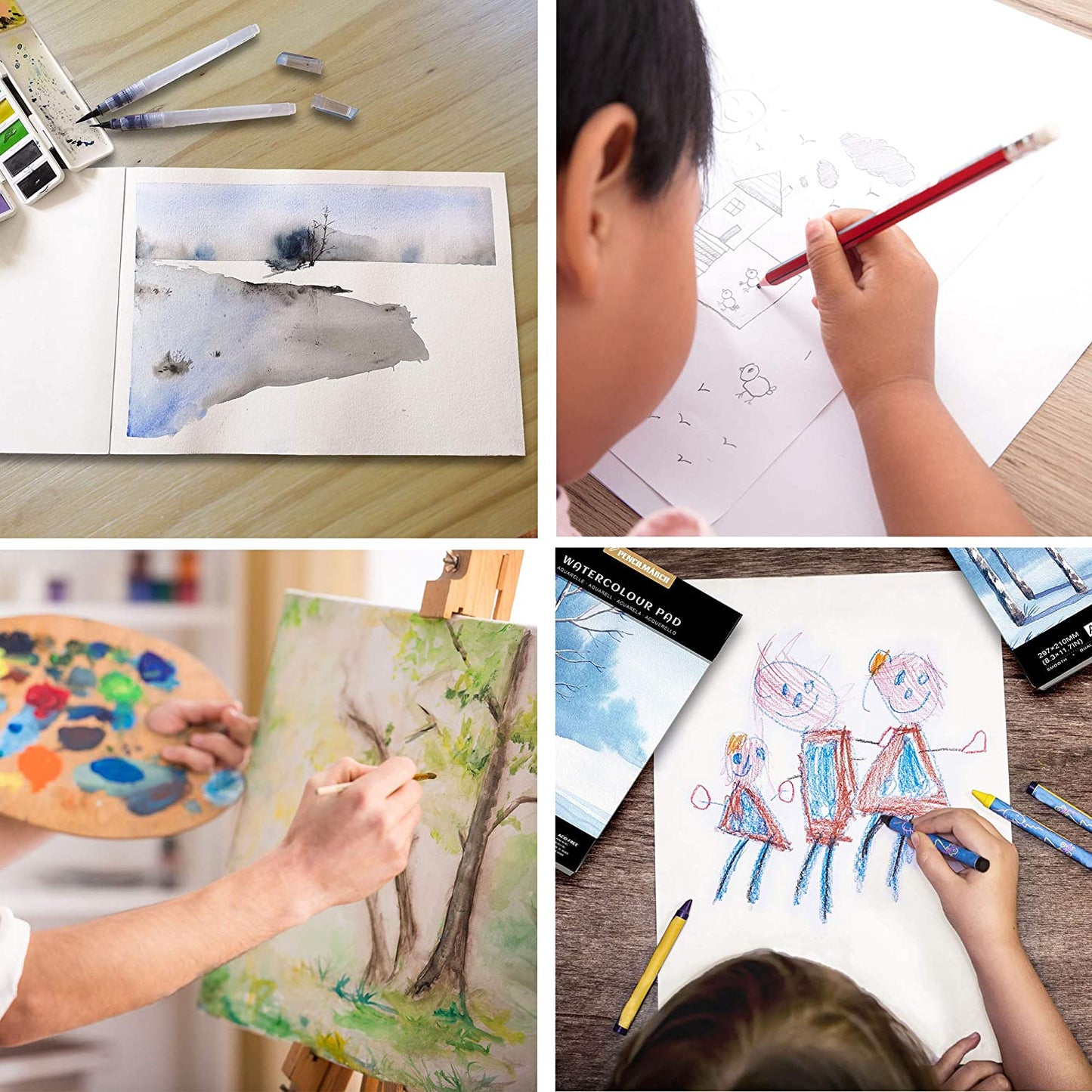 Different pictures being drawn on the A4 Pencilmarch student watercolour paper pad with 300 gsm paper and 30 pages - Stationery Island