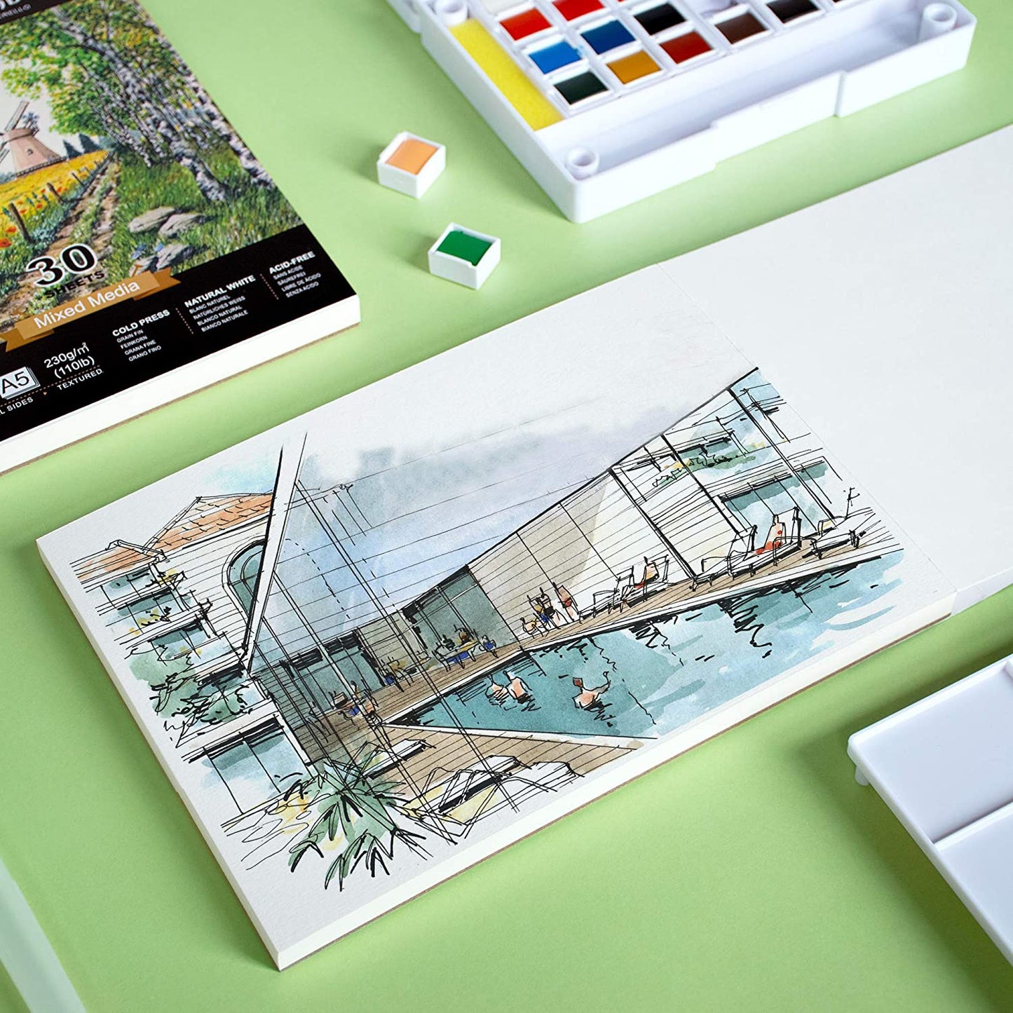 A picture of a swimming pool painted inside the A5 Pencilmarch watercolour paper pad with 230 gsm paper and 30 pages - Stationery Island