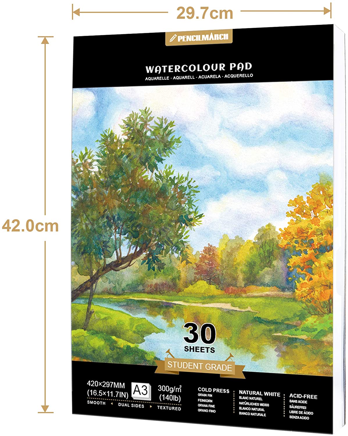 Measurements of the A3 Pencilmarch student watercolour paper pad with 300 gsm paper and 30 pages - Stationery Island