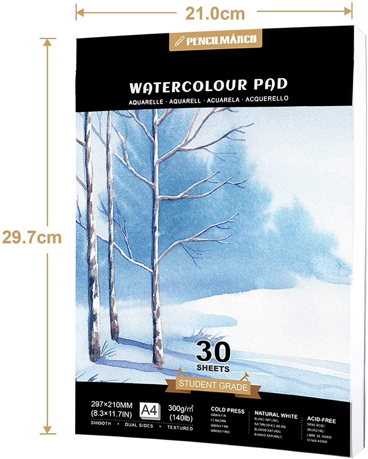 Measurements of the A4 Pencilmarch student watercolour paper pad with 300 gsm paper and 30 pages - Stationery Island