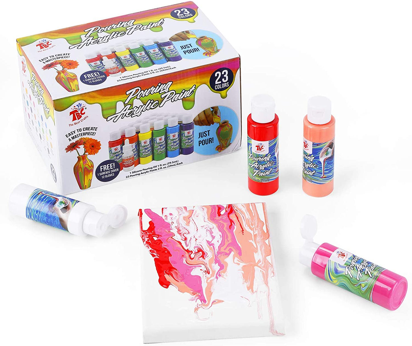 Box packaging of the pouring acrylic paints alongside a canvas that has been painted using these colours - Stationery Island