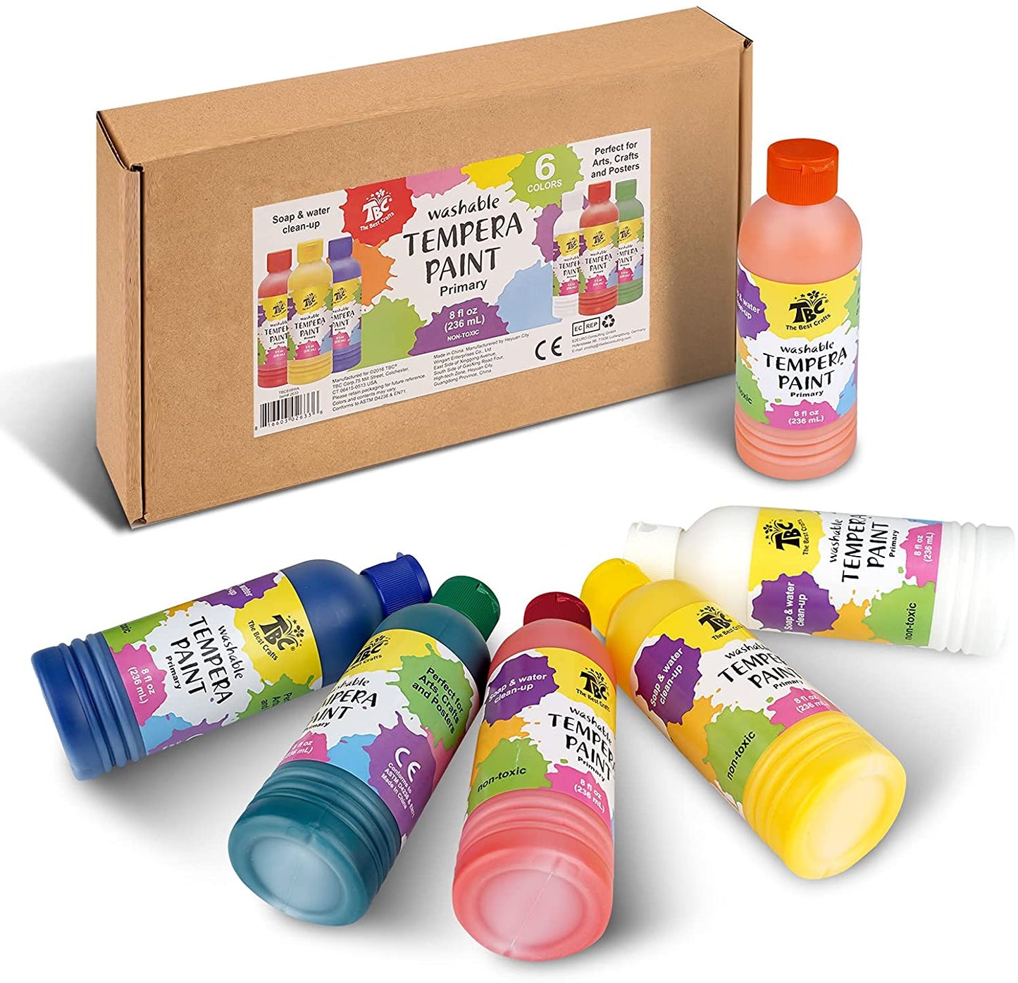 TBC Washable Primary Tempera Paints & Brush - 6 Colours
