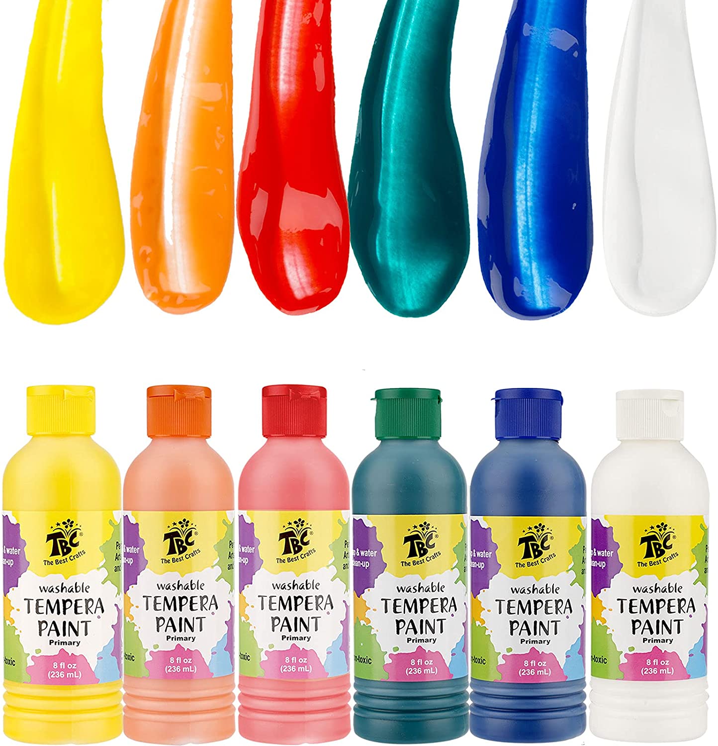 TBC Washable Primary Tempera Paints & Brush - 6 Colours