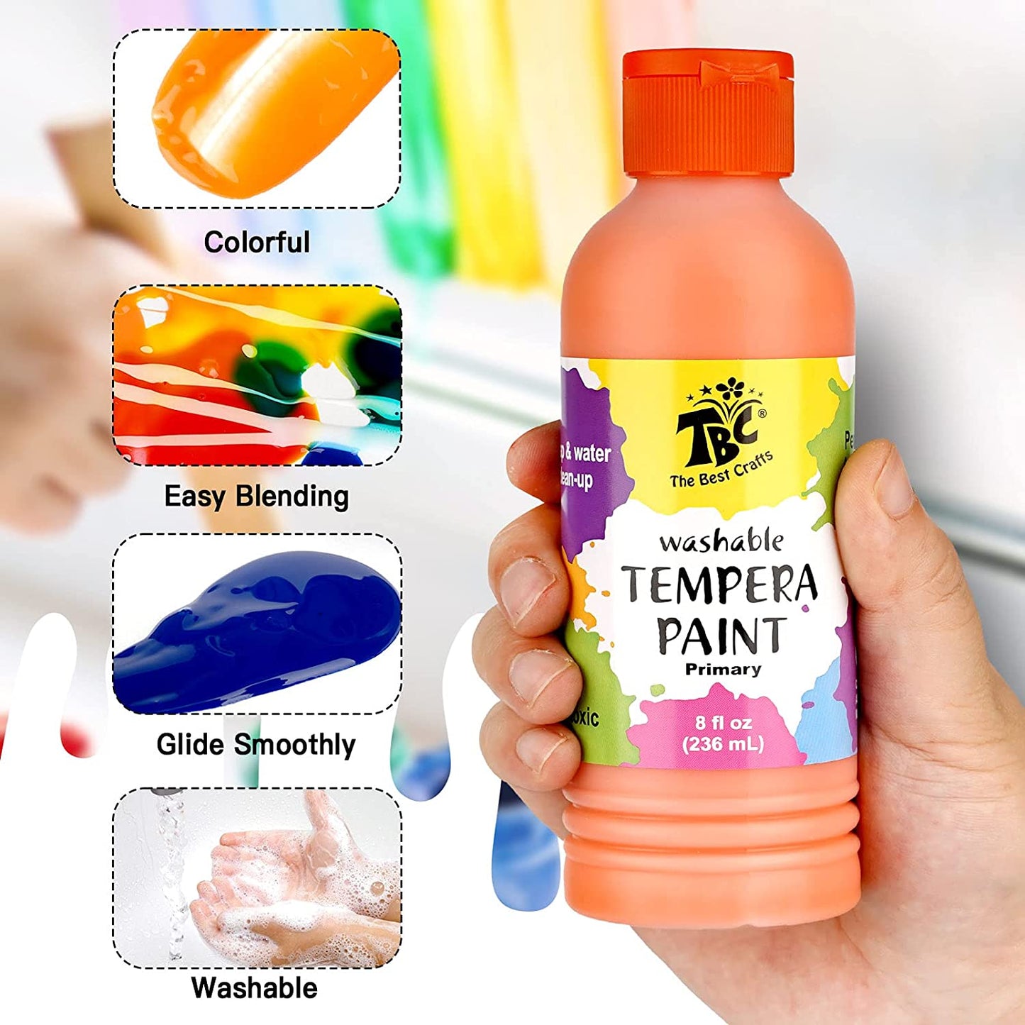 TBC Washable Primary Tempera Paints & Brush - 6 Colours