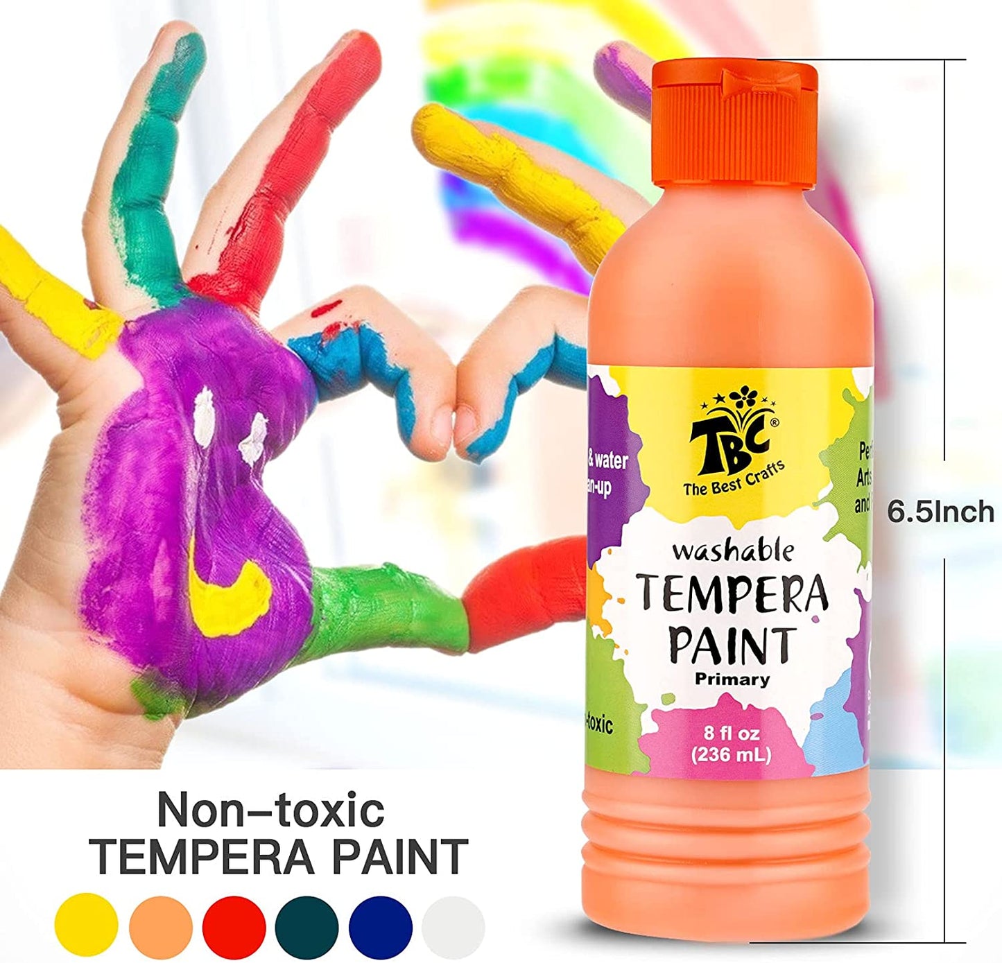 TBC Washable Primary Tempera Paints & Brush - 6 Colours