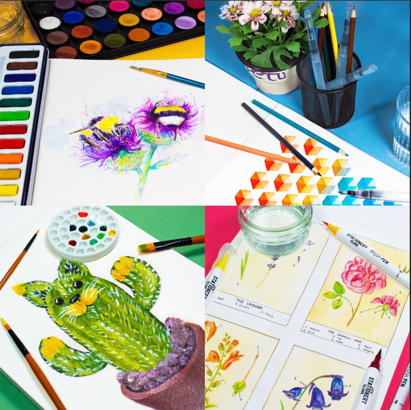 Different pictures drawn and painted on the A4 student grade watercolour paper pad with 300gsm paper and 20 pages - Stationery Island