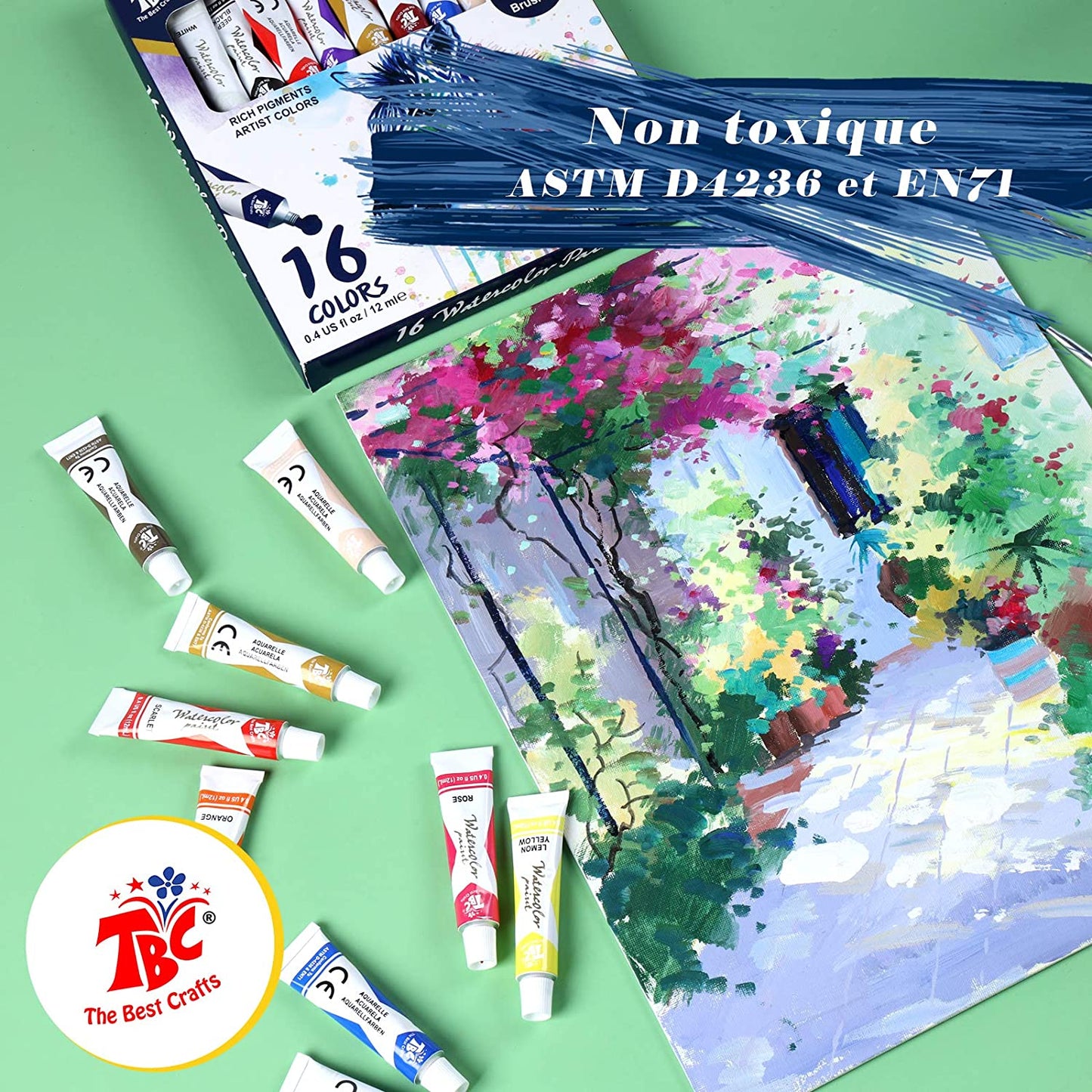 The paints from the TBC watercolour paints with 16 colours, which have been used on this scenic painting, are non-toxic - Stationery Island