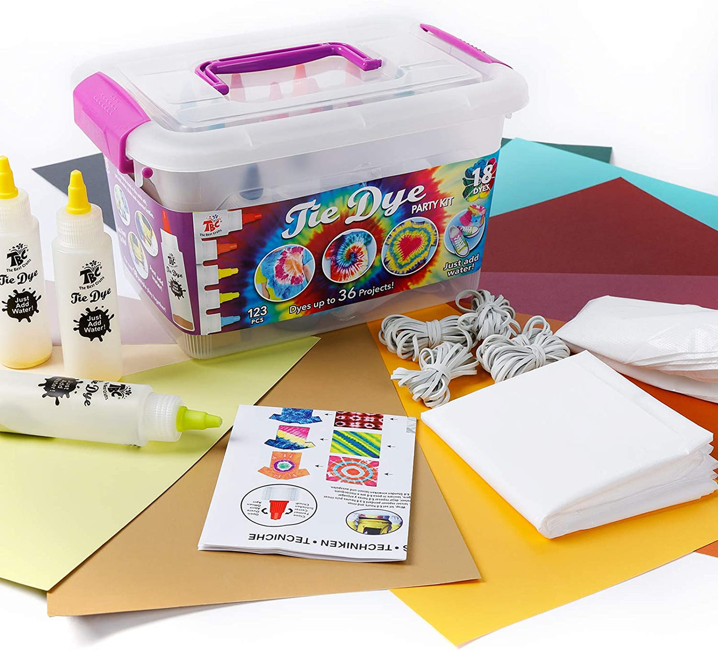 The TBC dye art party kit includes 18 bottles of coloured dye, 12 protective gloves, 90 rubber bands, one reusable surface cover and an instruction sheet - Stationery Island