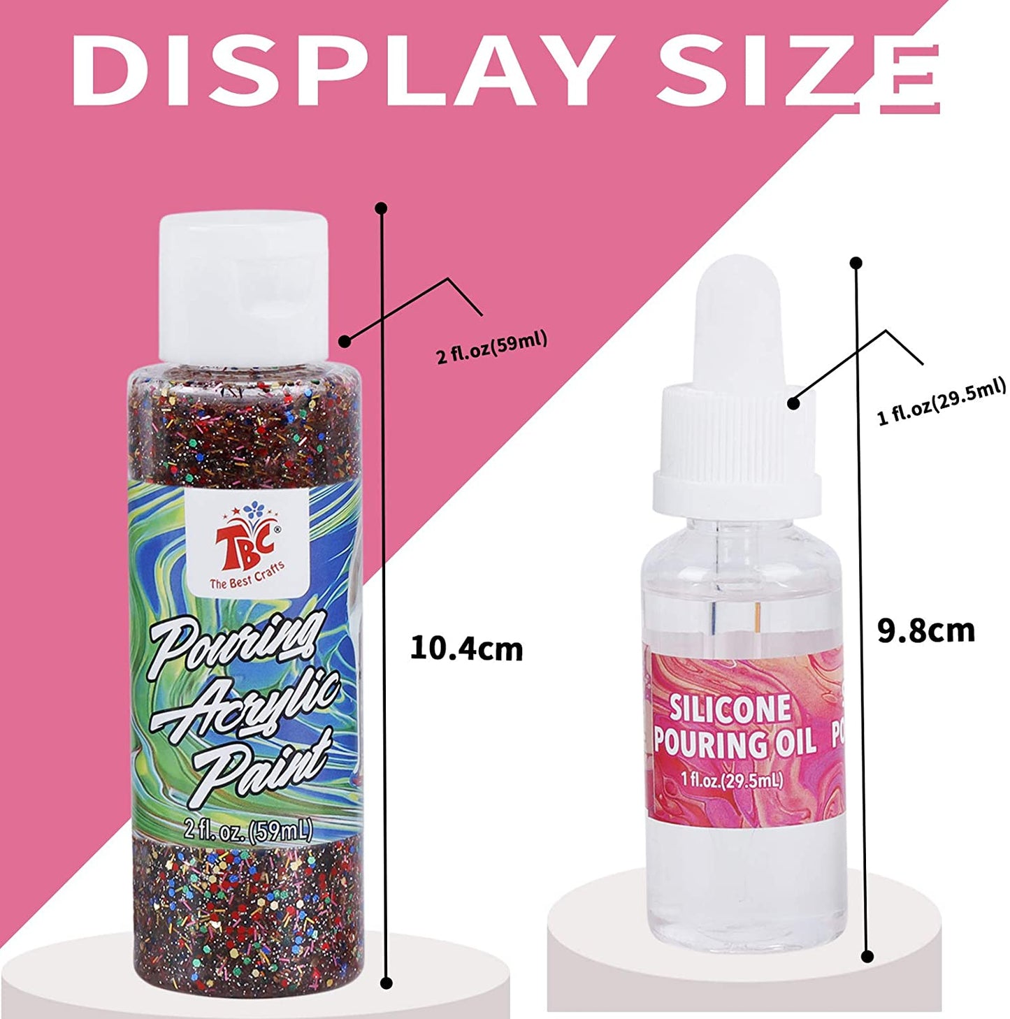 Measurements of the 59ml pouring acrylic paint bottle compared with the 29.5ml silicone pouring oil bottle - Stationery Island
