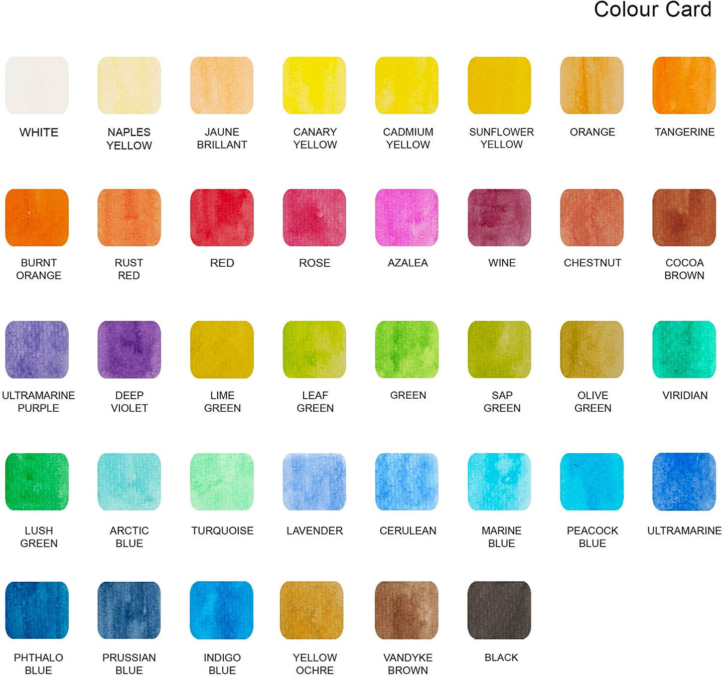 38 different colours shown with names that are included in the Pencilmarch watercolour paint travel set with an aqua brush - Stationery Island