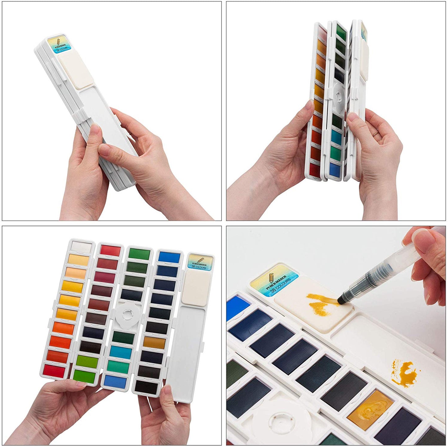 The Pencilmarch watercolour paint travel set with 38 colours and an aqua brush folded and opened up to show the size of it - Stationery Island