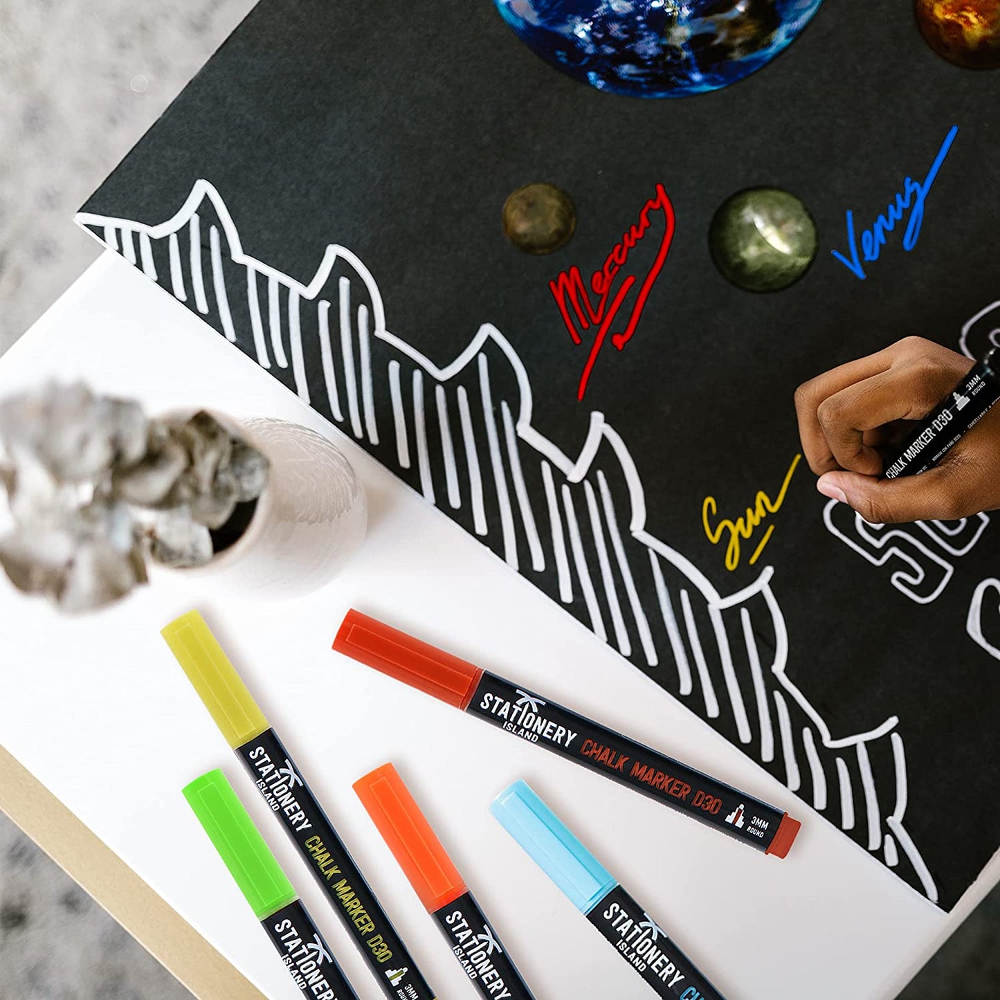 Words being written by using the pack of 30 dry wipe D30 chalk pens that have a 3mm fine nib - Stationery Island