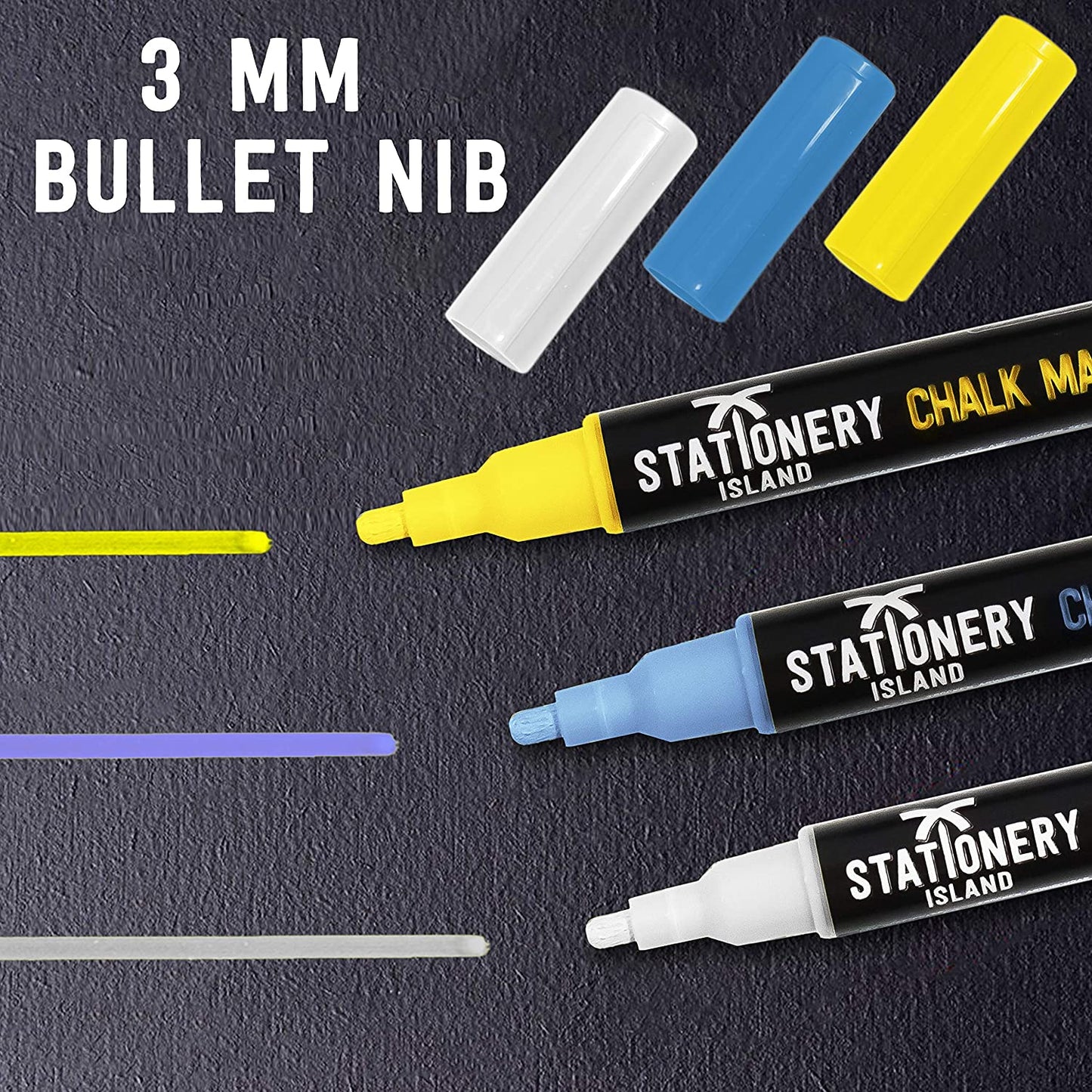 3 colours from the pack of 40 wet wipe W30 chalk pens with a 3mm fine nib being shown on a black background - Stationery Island