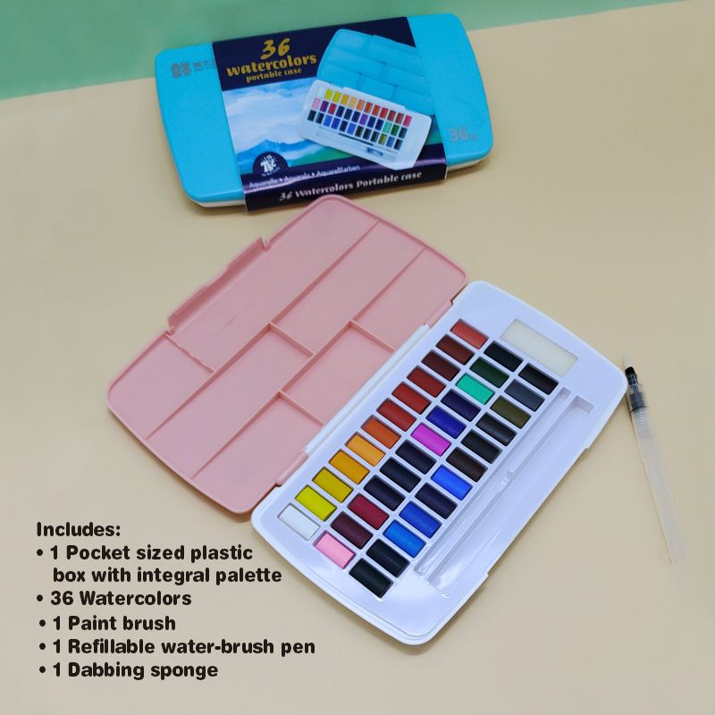 A TBC watercolour paint set with 36 colours, which includes a paintbrush, a refillable water-brush pen and a dabbing sponge - Stationery Island