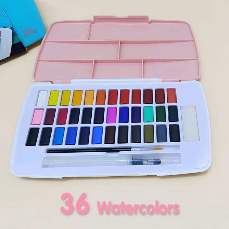 A TBC watercolour paint set with 36 colours, which includes a paintbrush, a refillable water-brush pen and a dabbing sponge - Stationery Island