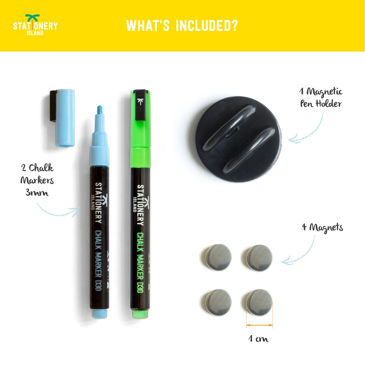 2 chalk pens that are 3mm, 1 magnetic pen holder and 4 magnets that are 1cm are all included in the magnetic board kit - Stationery Island