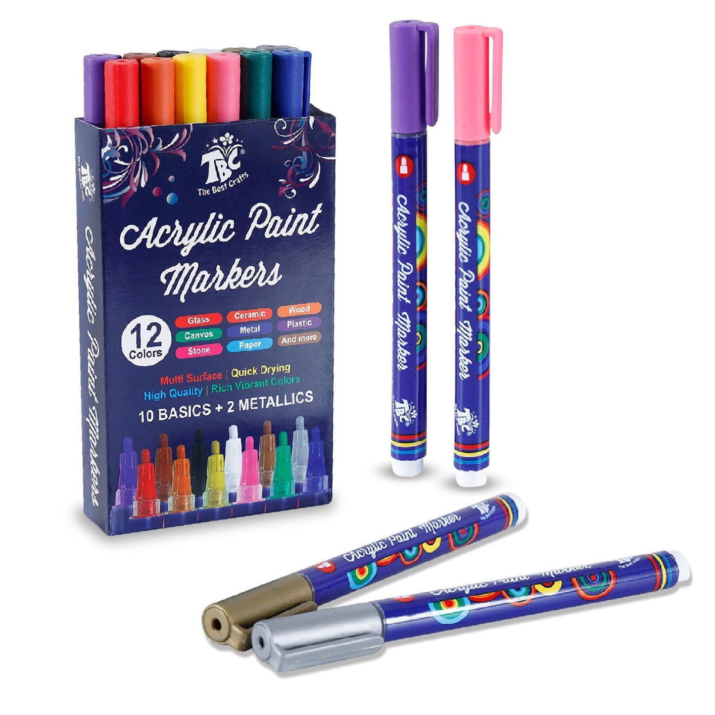 Box packaging of 12 acrylic paint markers alongside 2 markers flat on the surface and 2 stood up - Stationery Island