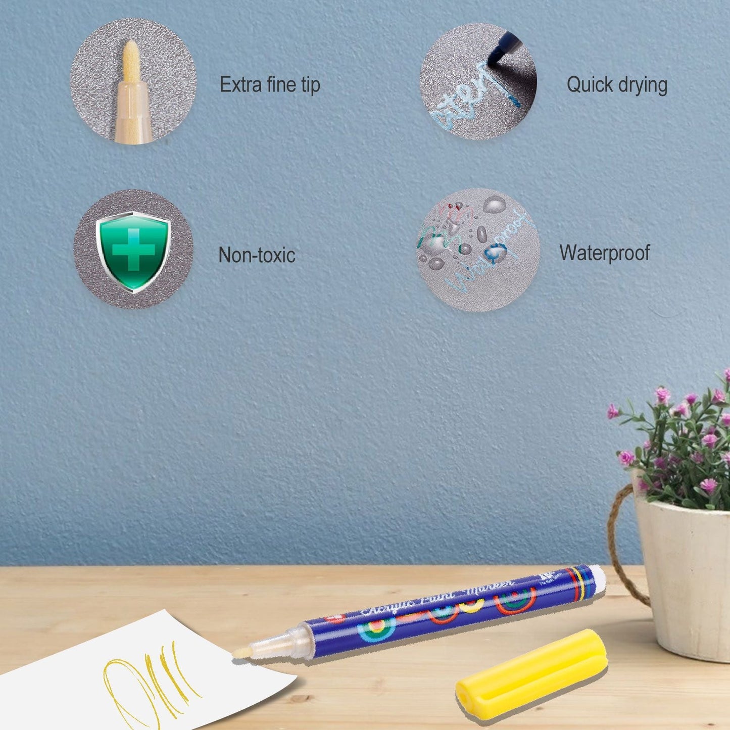 Description of acrylic paint markers showing that the pen is quick drying, waterproof, non toxic and has an extra fine tip - Stationery Island