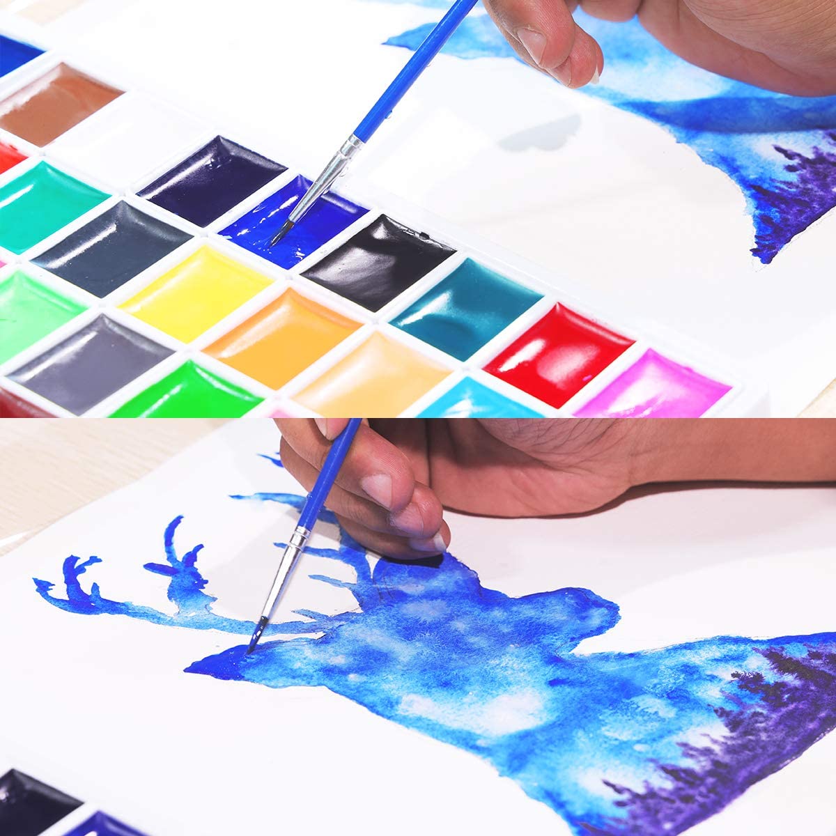 Colours from the set of 36 TBC watercolour washable paints being used to paint a picture of a reindeer - Stationery Island