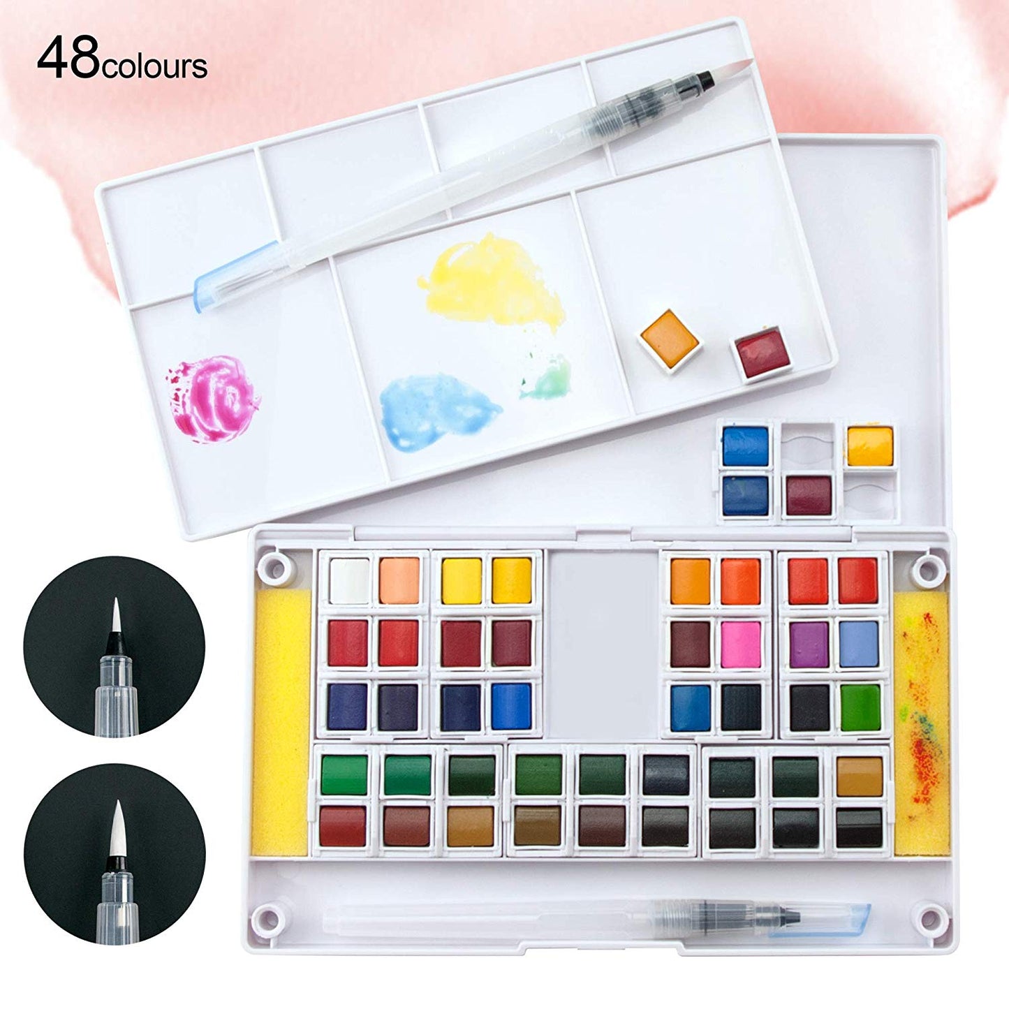 An Ezigoo watercolour paint set with 48 colours, an aqua brush, 5 mixing palettes and a cleaning sponge - Stationery Island