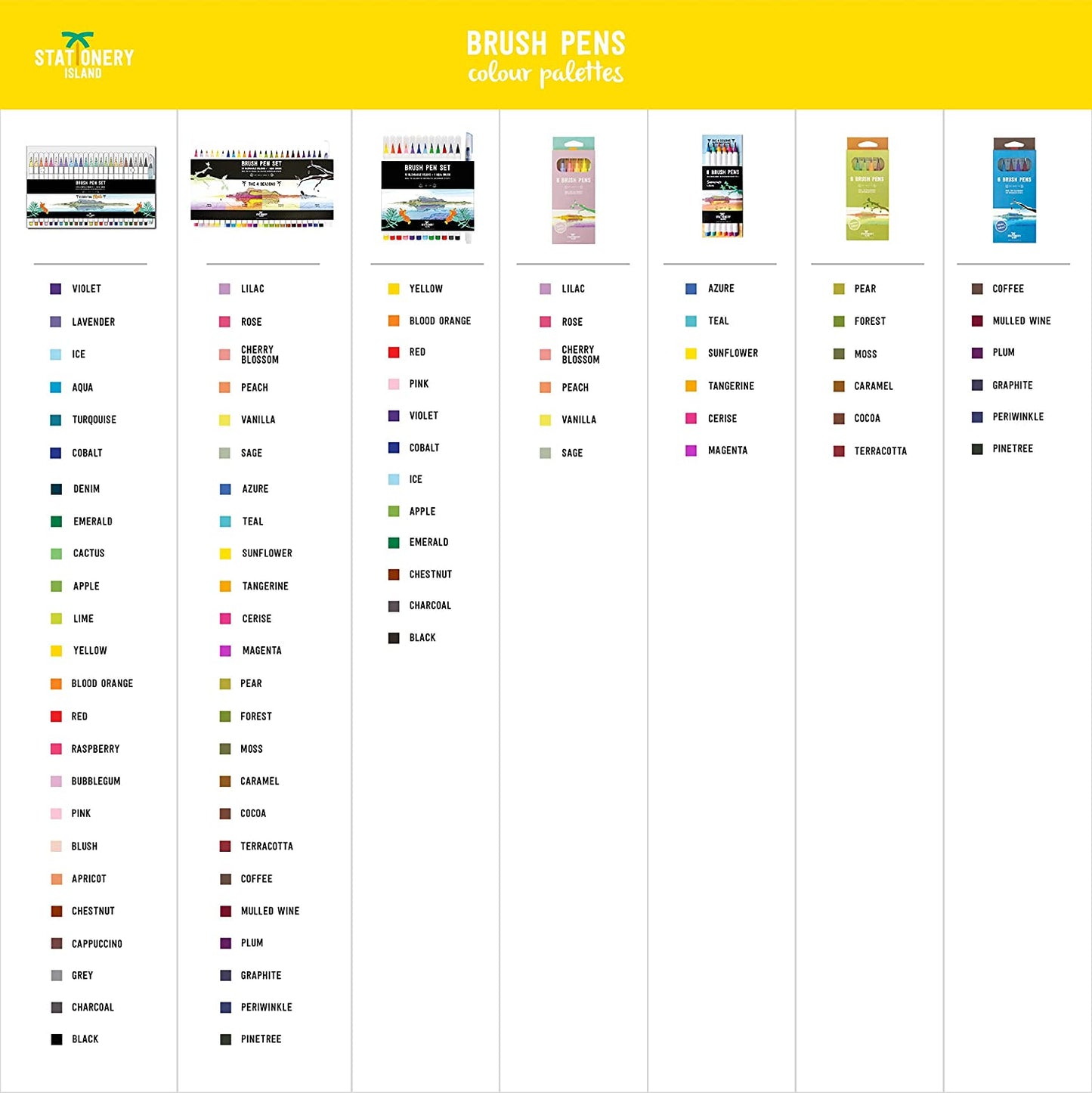 A contents table of different brush pens packaging with the colours and names listed below - Stationery Island