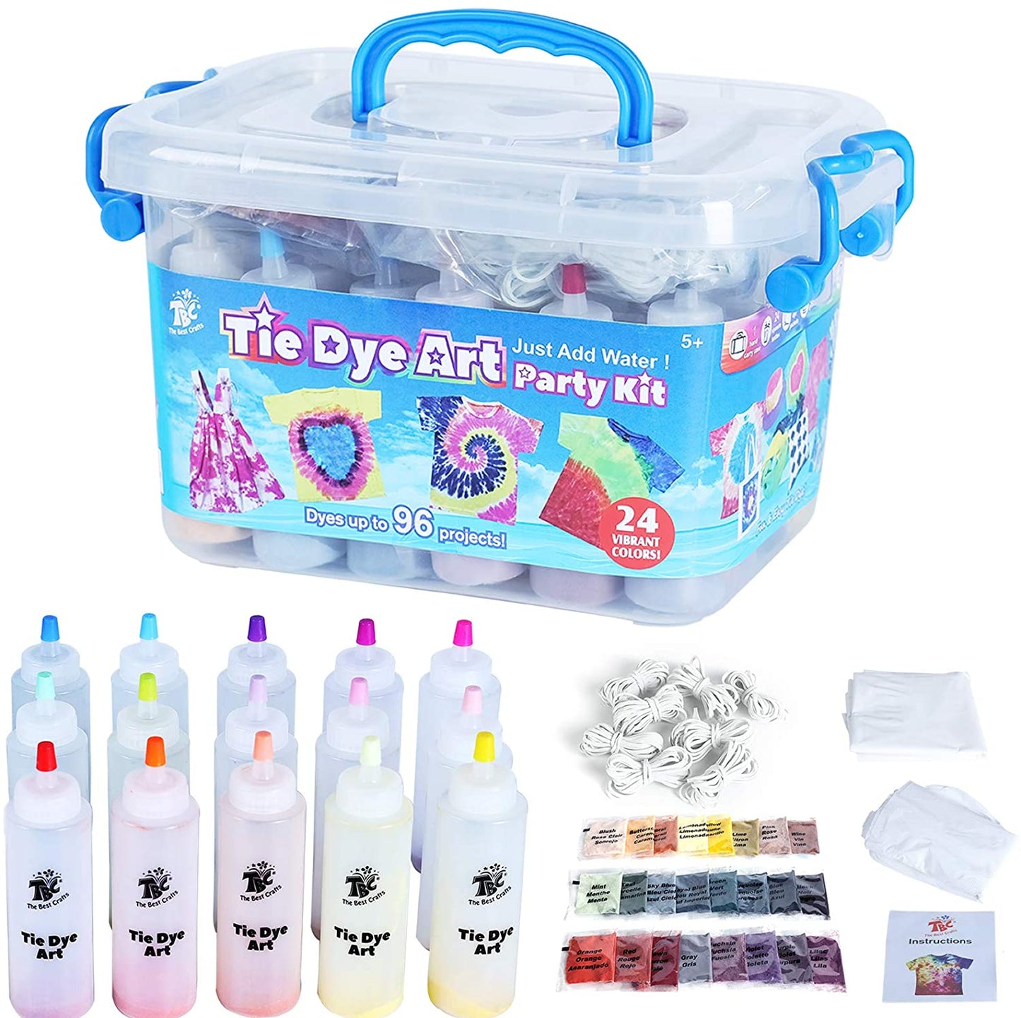 A box of TBC tie dye arty party kit with 24 colours, 160 rubber bands, a reusable surface cover and a hand carry case with 24 protective gloves - Stationery Island