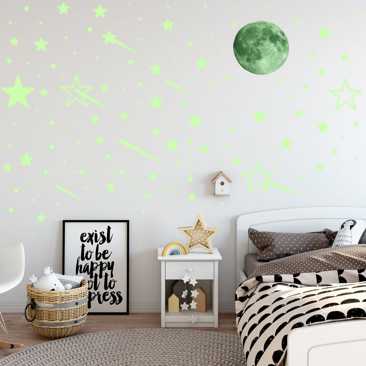 Glow in the dark stars and moon decorating a bedroom