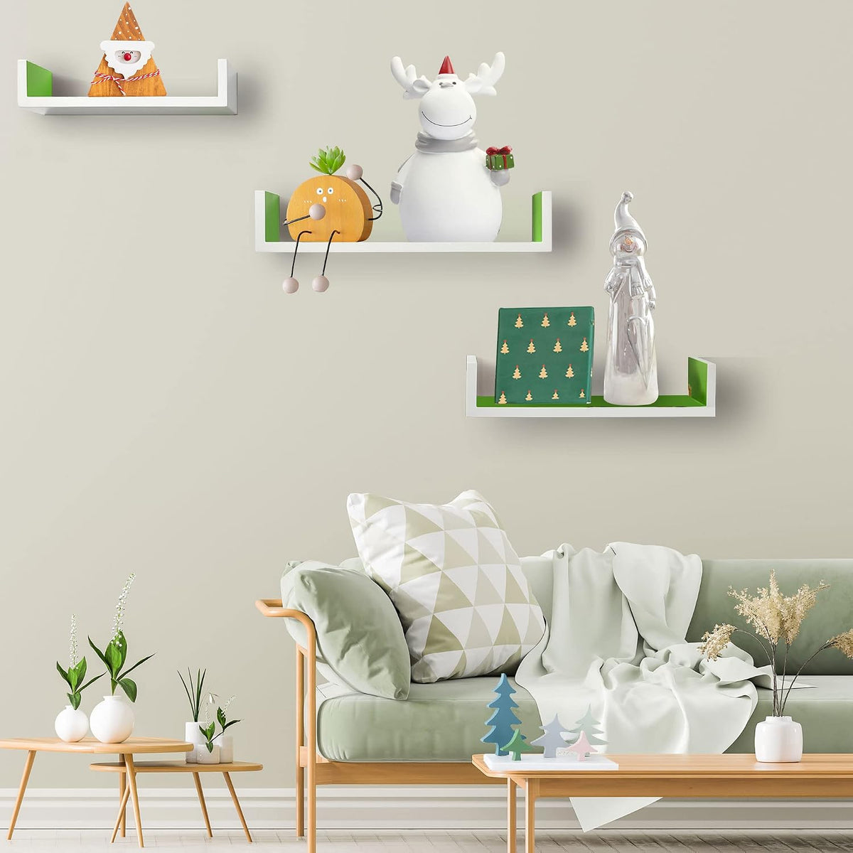 White and grass green U-shaped floating shelves in a room