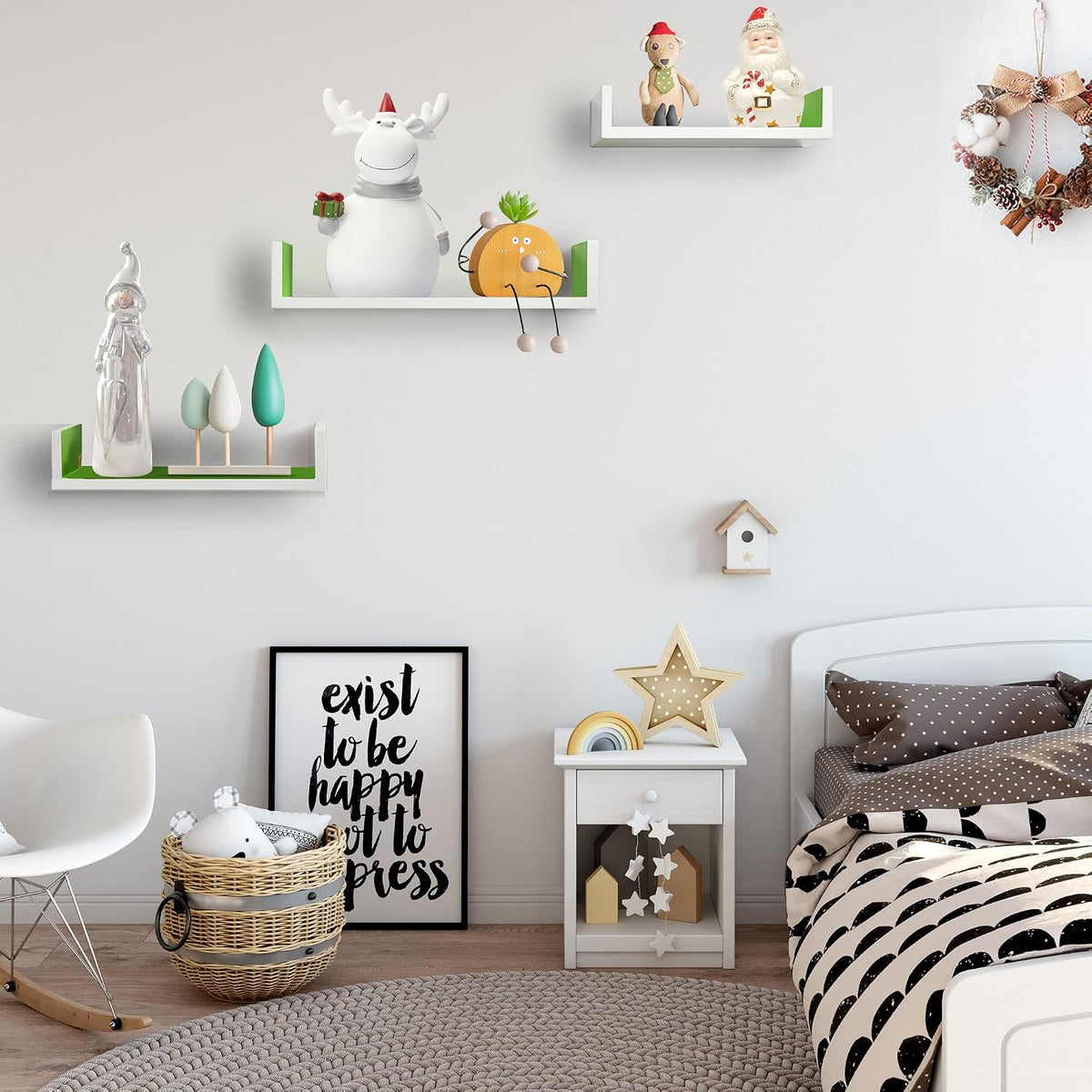 White and grass green U-shaped floating shelves displayed on a wall