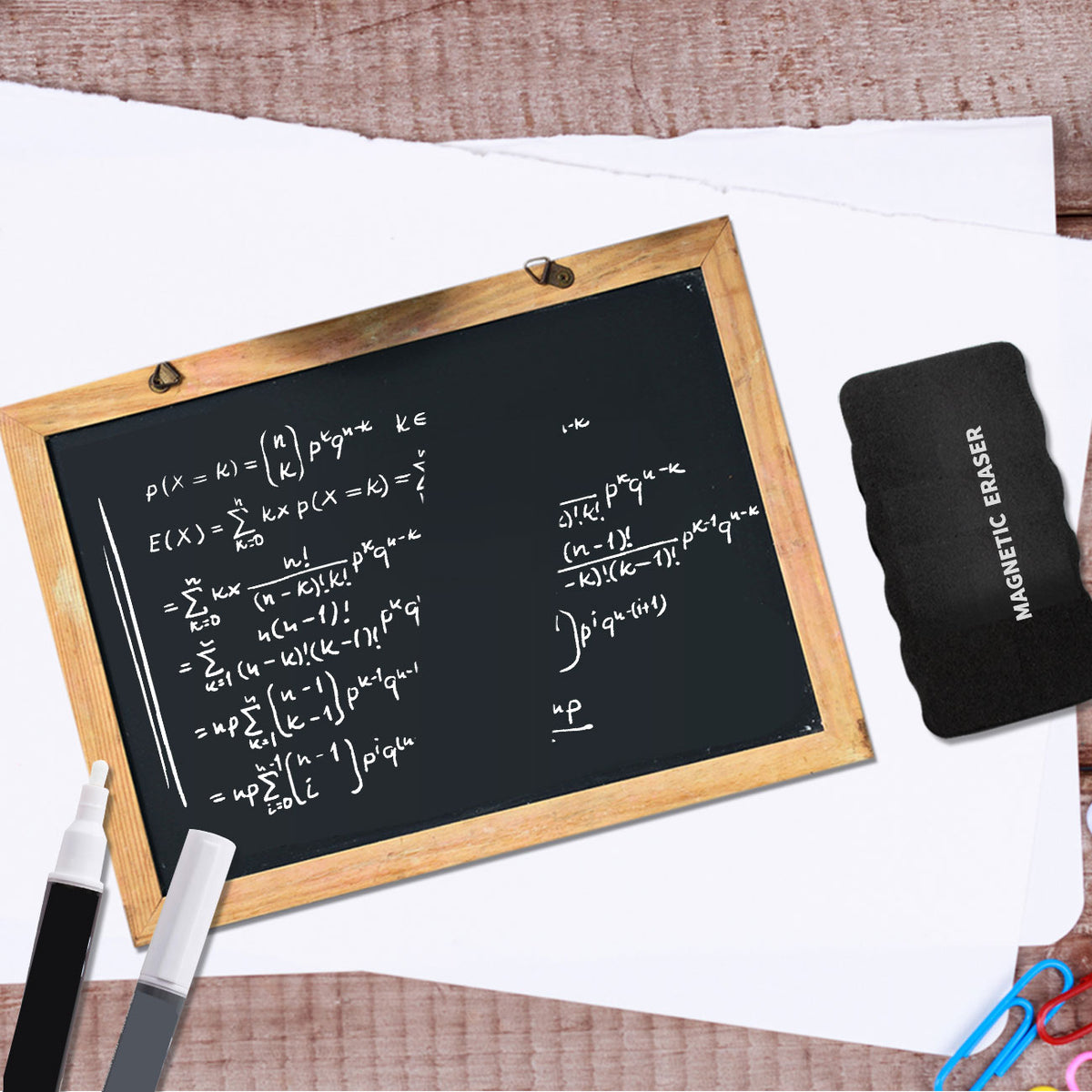 Single black magnetic whiteboard eraser, included in pack of six
