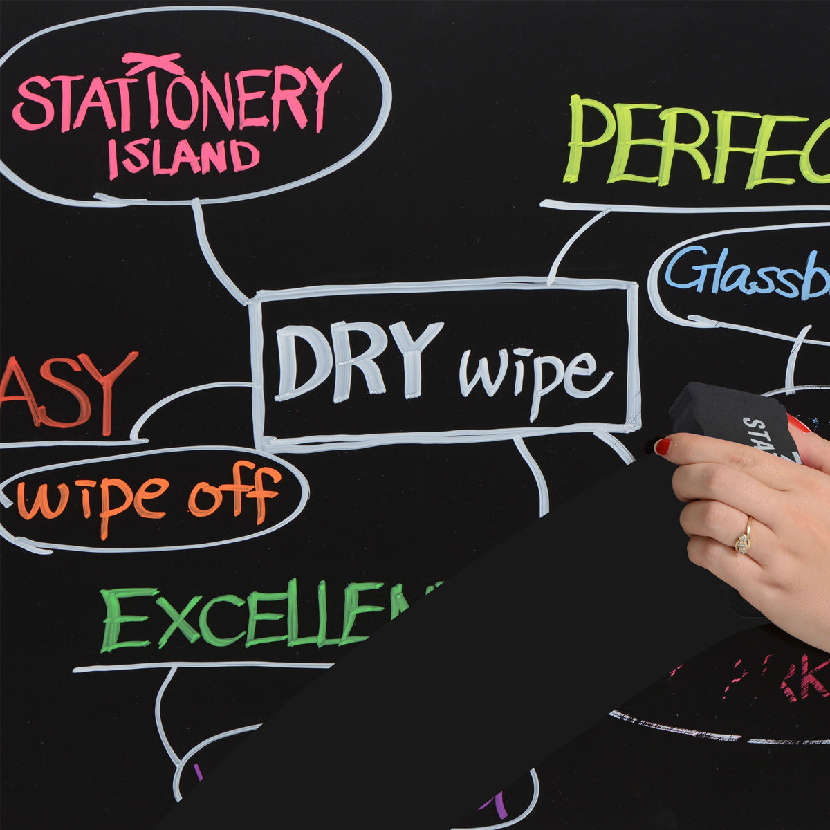 Black magnetic whiteboard eraser in use