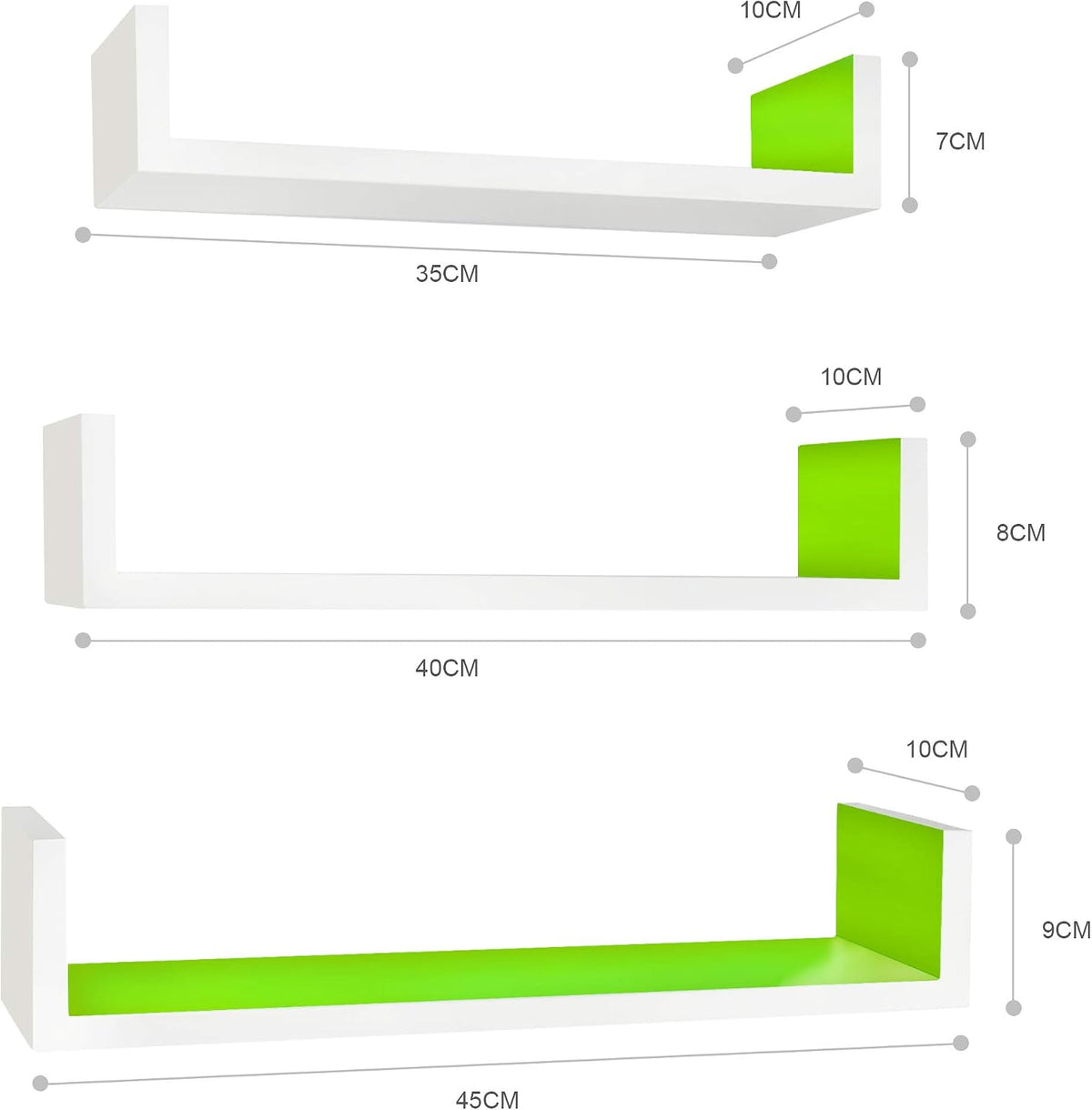 Ezigoo white and grass green U-shaped floating shelves, set of three with dimensions