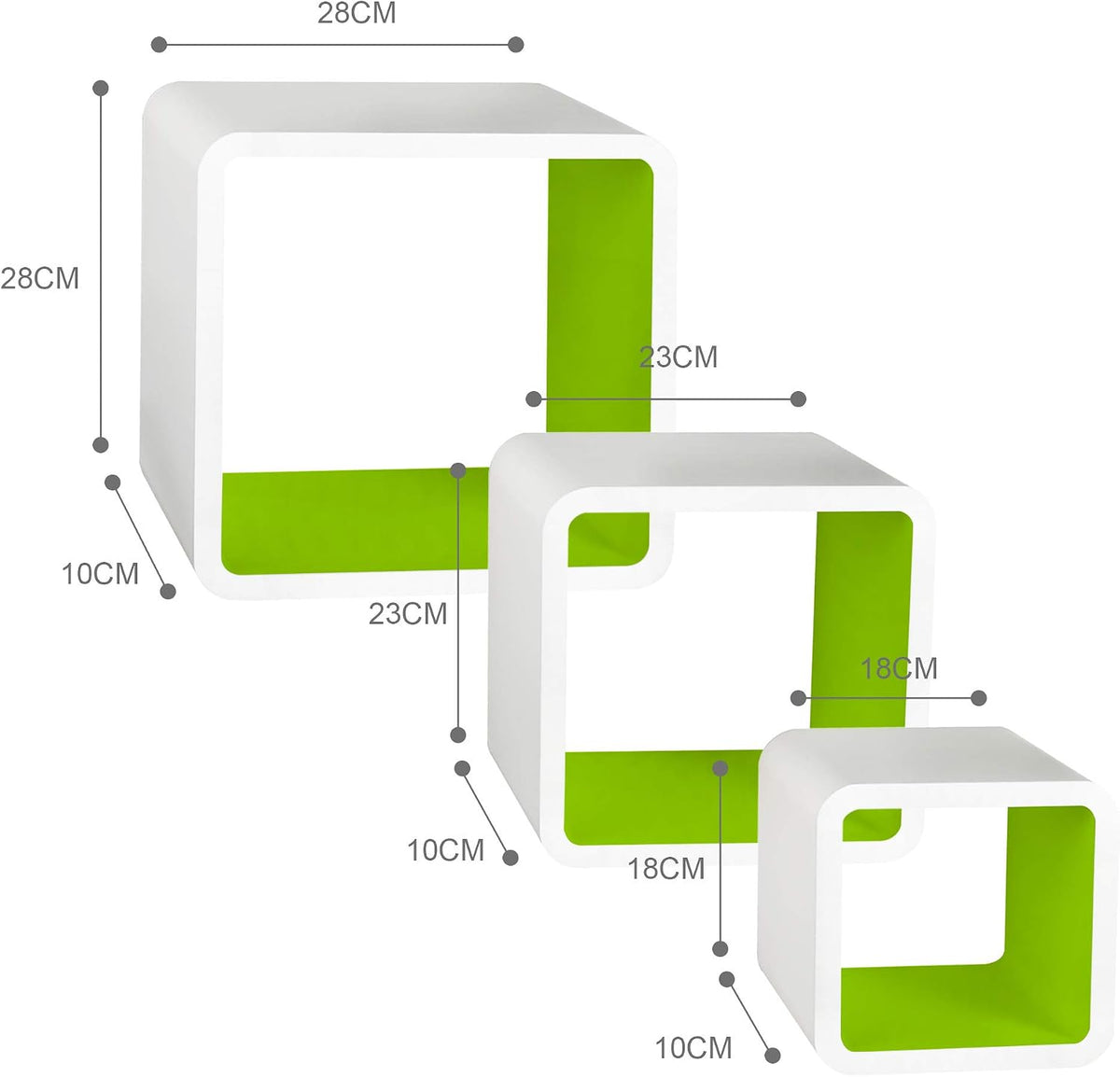 Ezigoo white and grass green cube floating shelves, set of three with dimensions