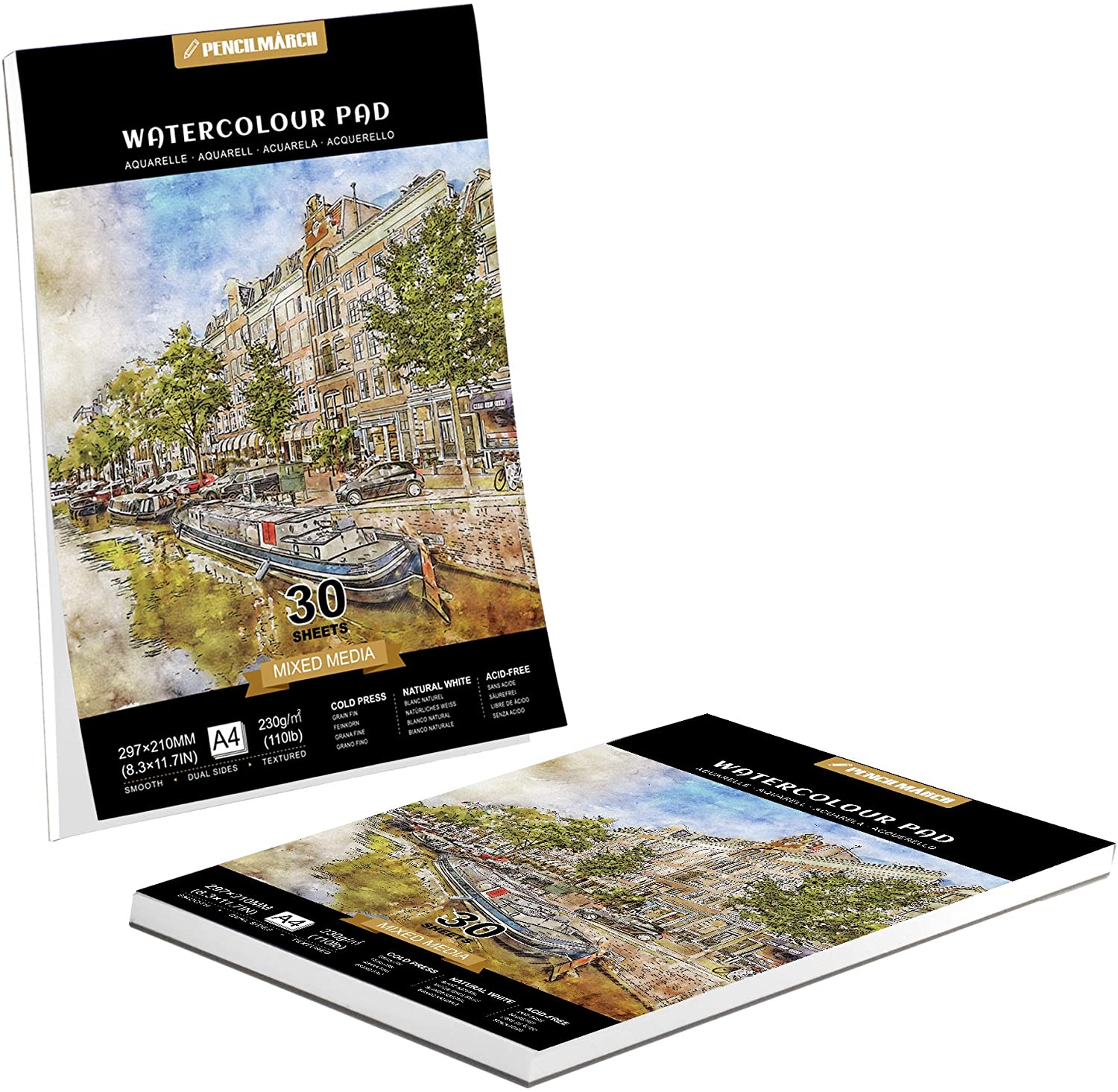 A pack of 2 A4 Pencilmarch watercolour paper pads with 230 gsm paper and 30 pages - Stationery Island