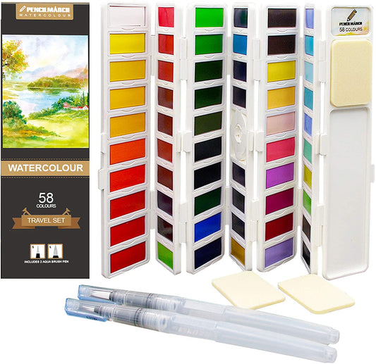 Watercolour Paint Travel Set - 58 Colours + 2 Aqua Brushes