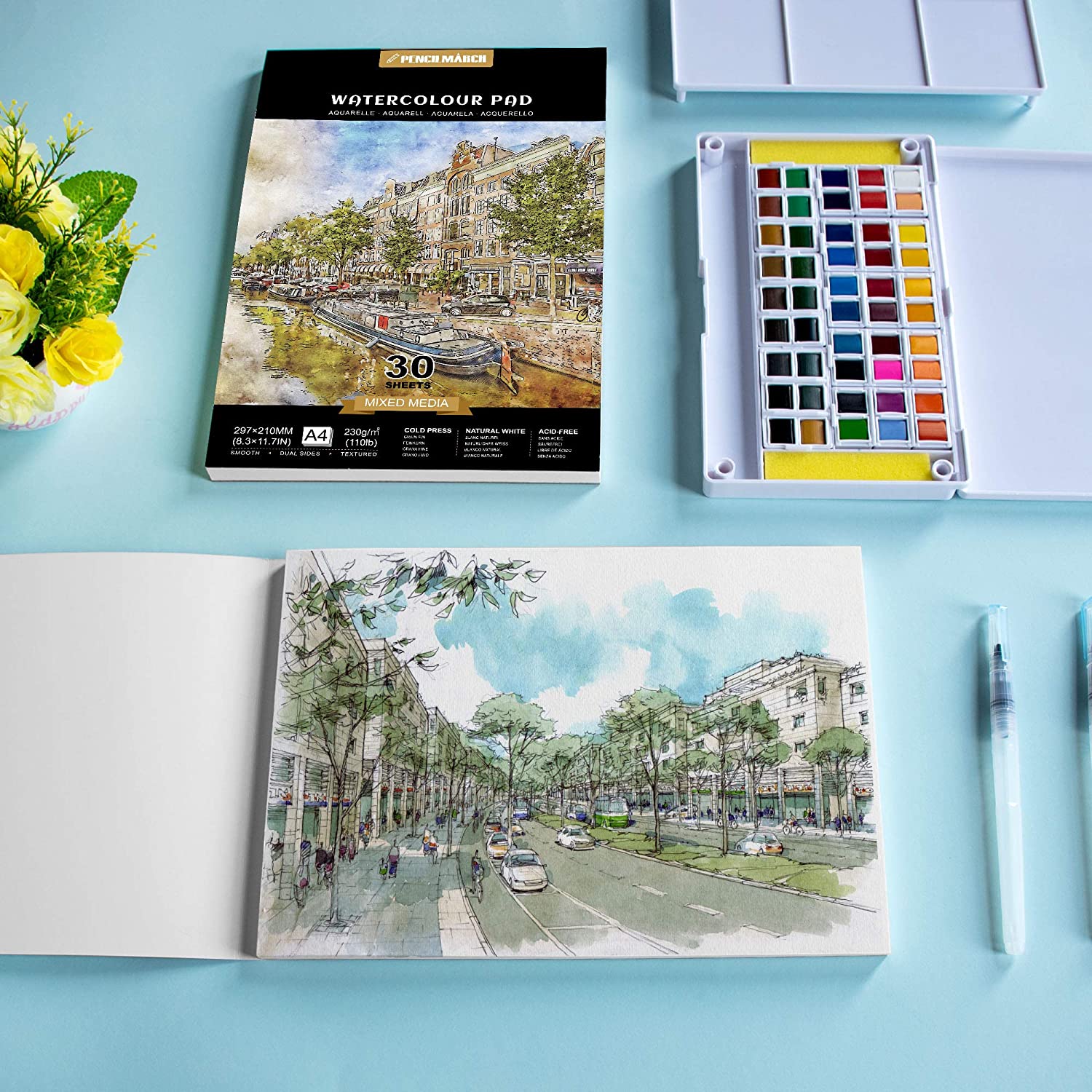 A drawing of a road that has been painted inside the A4 Pencilmarch watercolour paper pad with 230 gsm paper and 30 pages that comes in a pack of 2 - Stationery Island