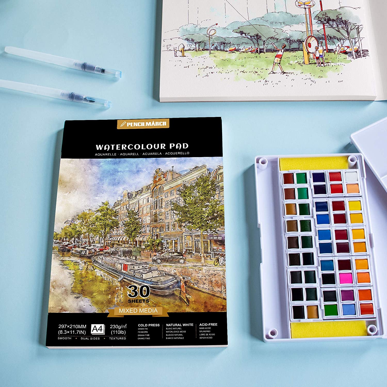 An A4 Pencilmarch watercolour paper pad with 230 gsm paper and 30 pages that comes in a pack of 2 - Stationery Island