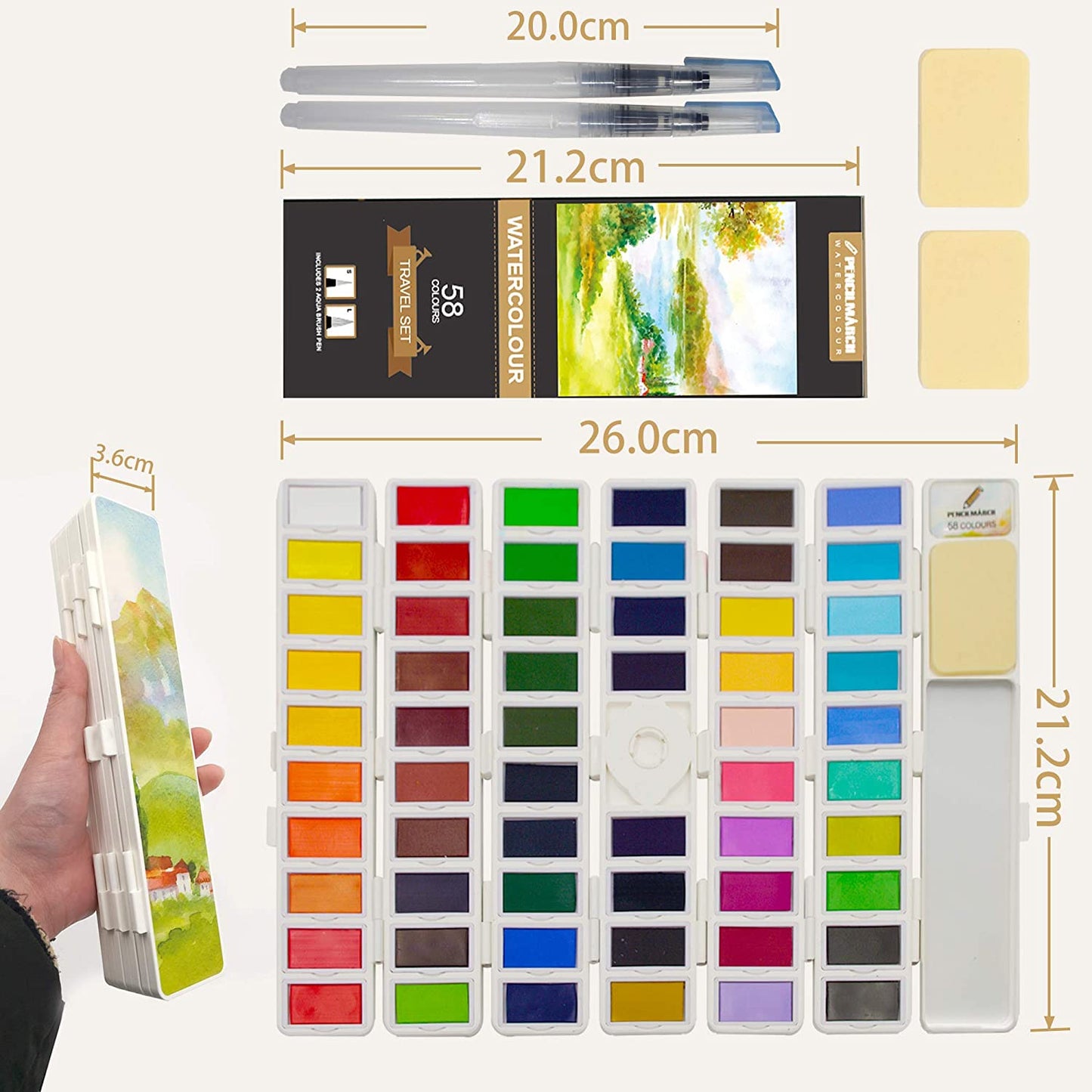 Watercolour Paint Travel Set - 58 Colours + 2 Aqua Brushes
