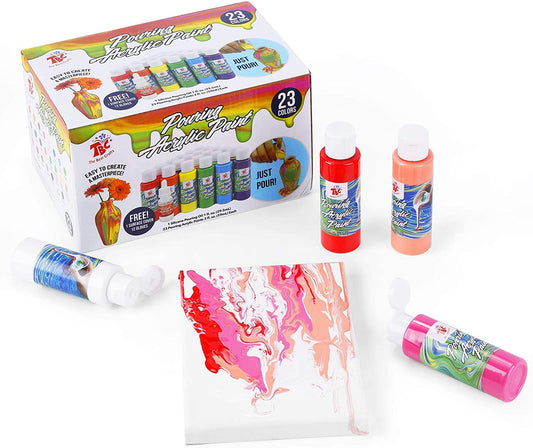 Box packaging of the pouring acrylic paints alongside a canvas that has been painted using these colours - Stationery Island 