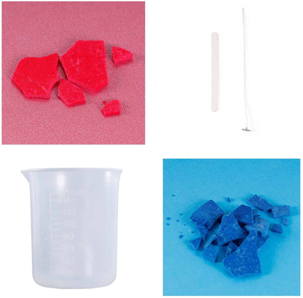 2 colours chips, 2 metal brads with wicks, a wooden stir stick, and a measuring cup are some of the items included in the TBC DIY candle kit project for kids - Stationery Island