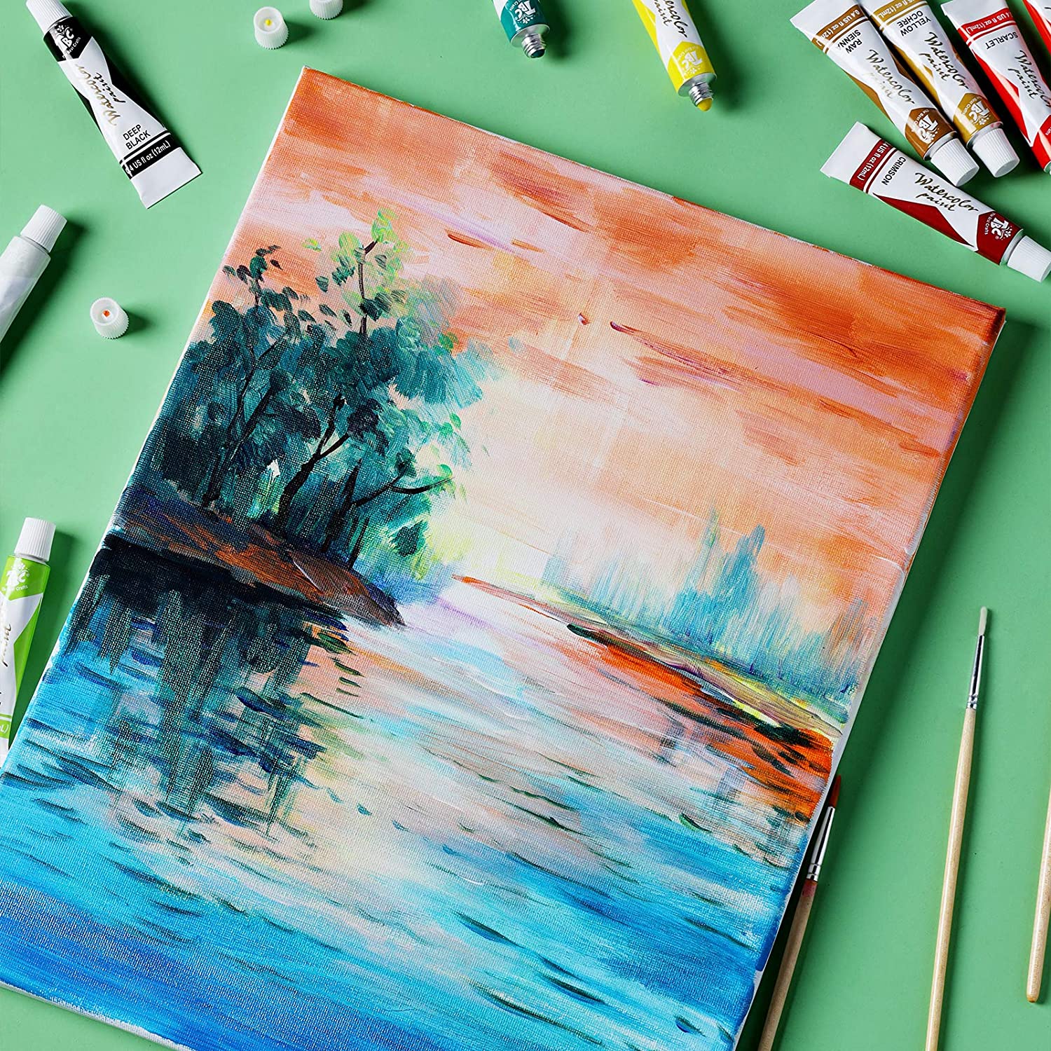 A scenic picture painted using the different colours of paint from the TBC watercolour paints, which has 16 colours - Stationery Island