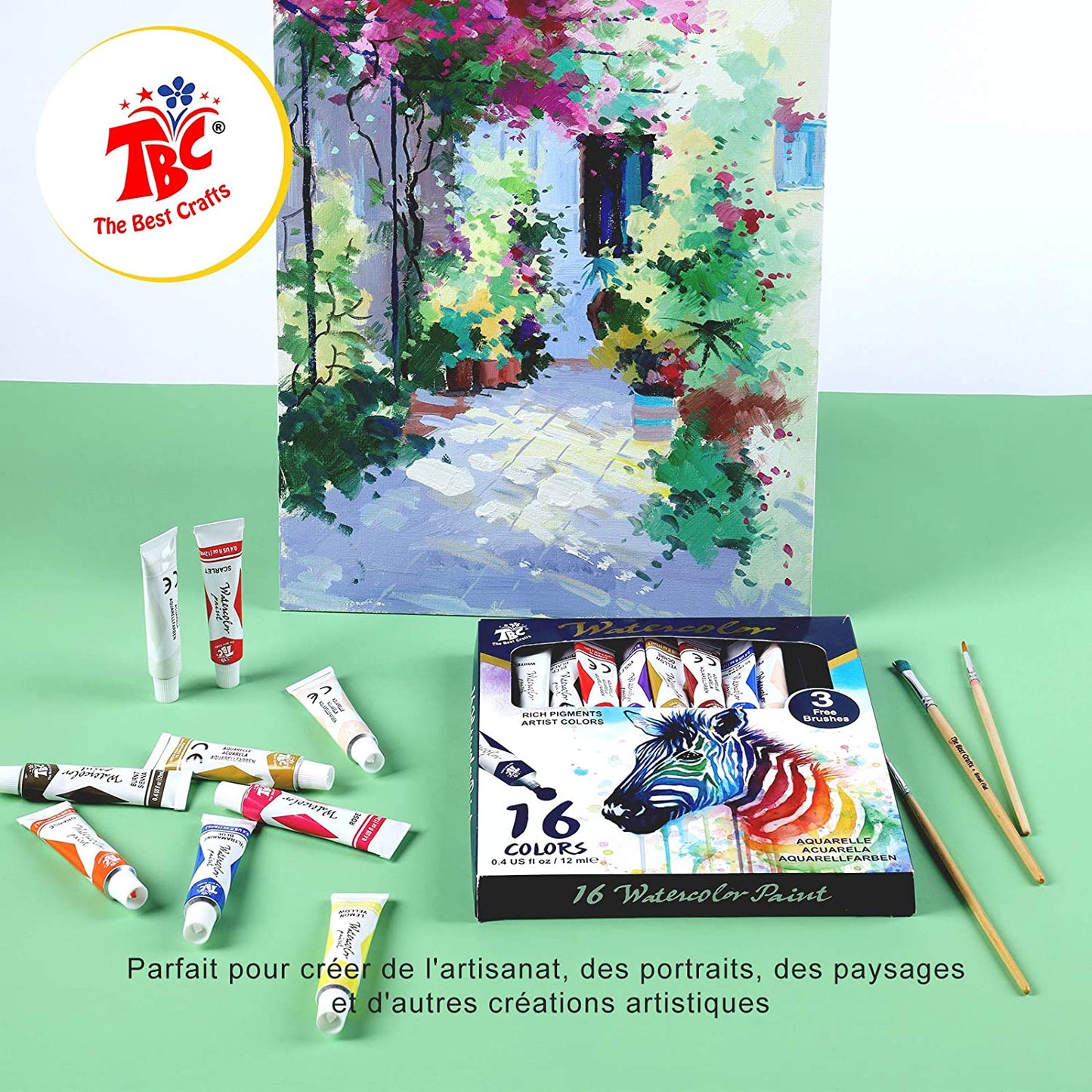 A TBC watercolour paints with 16 colours and 3 paintbrushes used to create a scenic painting - Stationery Island