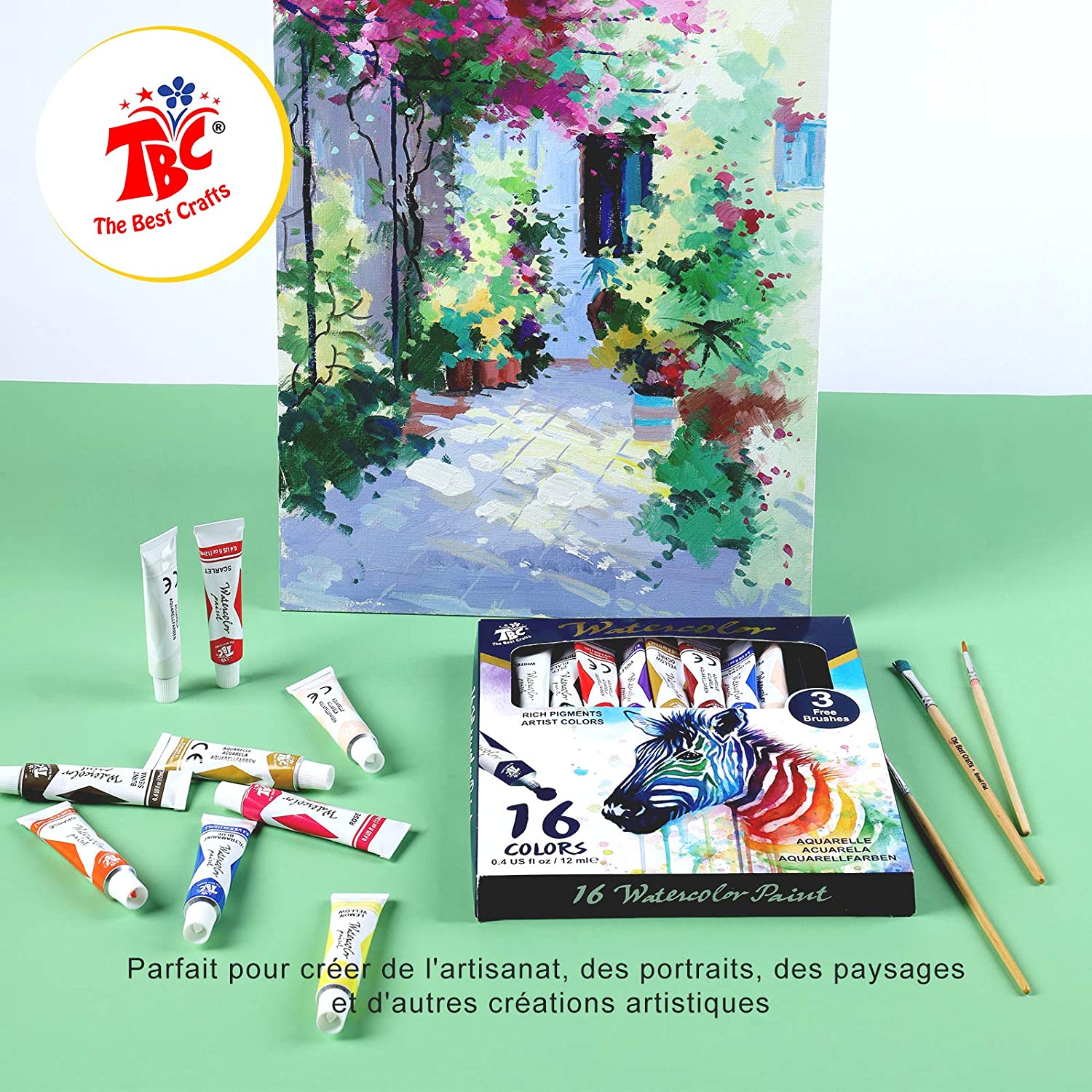 A TBC watercolour paints with 16 colours and 3 paintbrushes used to create a scenic painting - Stationery Island