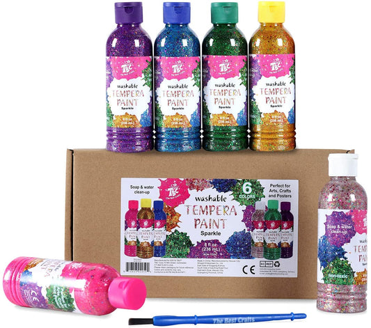 A pack of 6 TBC washable sparkle tempera paints and brush - Stationery Island