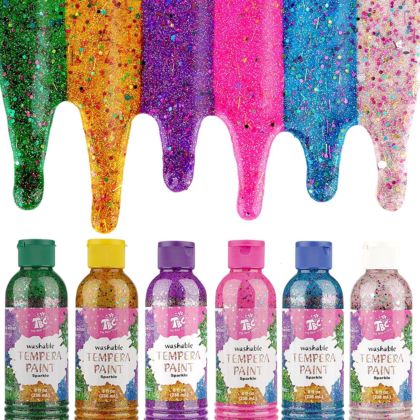 A pack of 6 TBC washable sparkle tempera paints dripping down from the top with the paint bottles underneath - Stationery Island