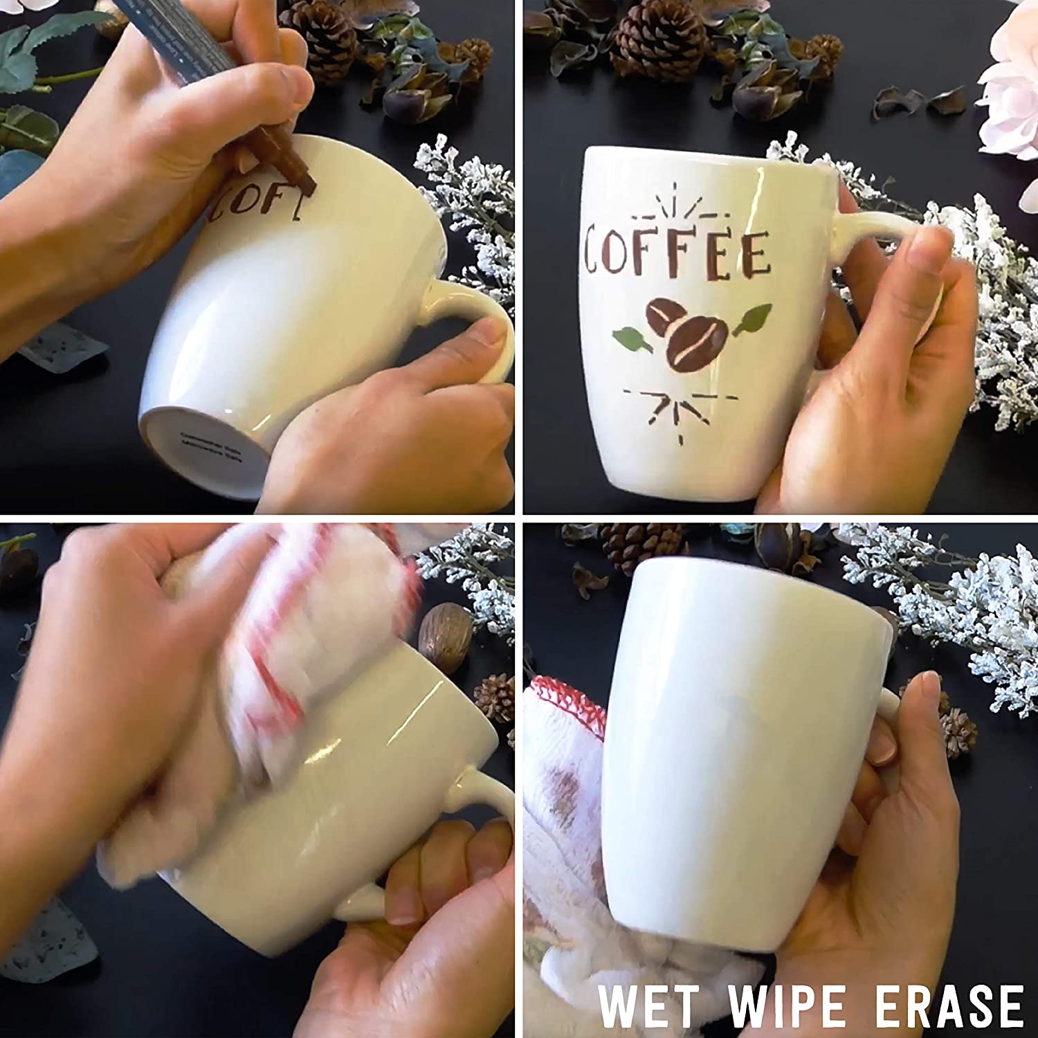 The word coffee being written on a mug by using the pack of 40 wet wipe W30 chalk pens with a 3mm fine nib and then being erased by a wet cloth - Stationery Island