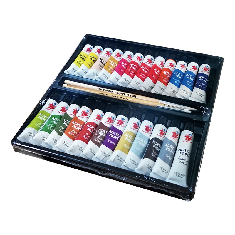 Set of 24 acrylic paint tubes with three paint brushes inside box packaging - Stationery Island